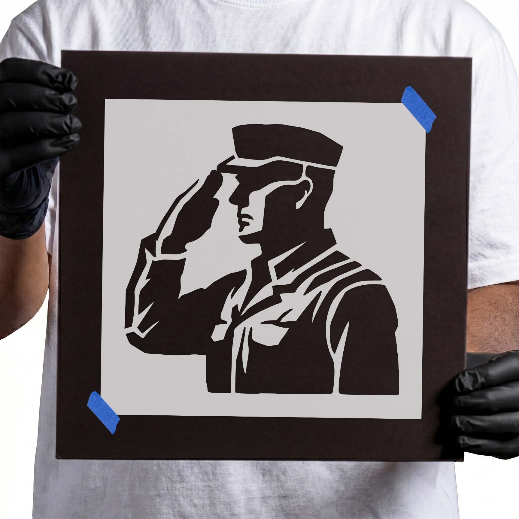 Military Salute Silhouette Stencil featuring a uniformed service member giving a formal salute