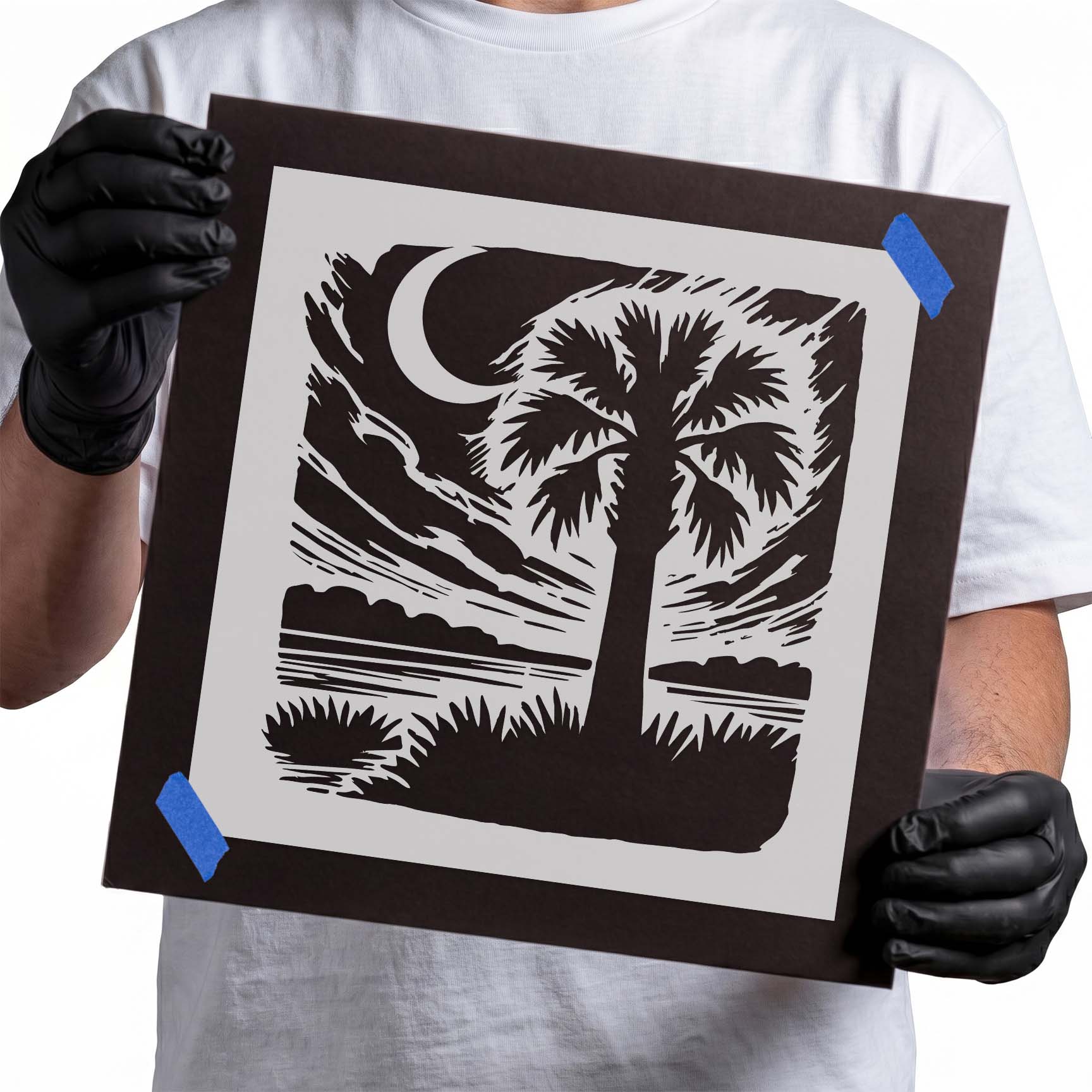 Palmetto tree beneath crescent moon landscape stencil