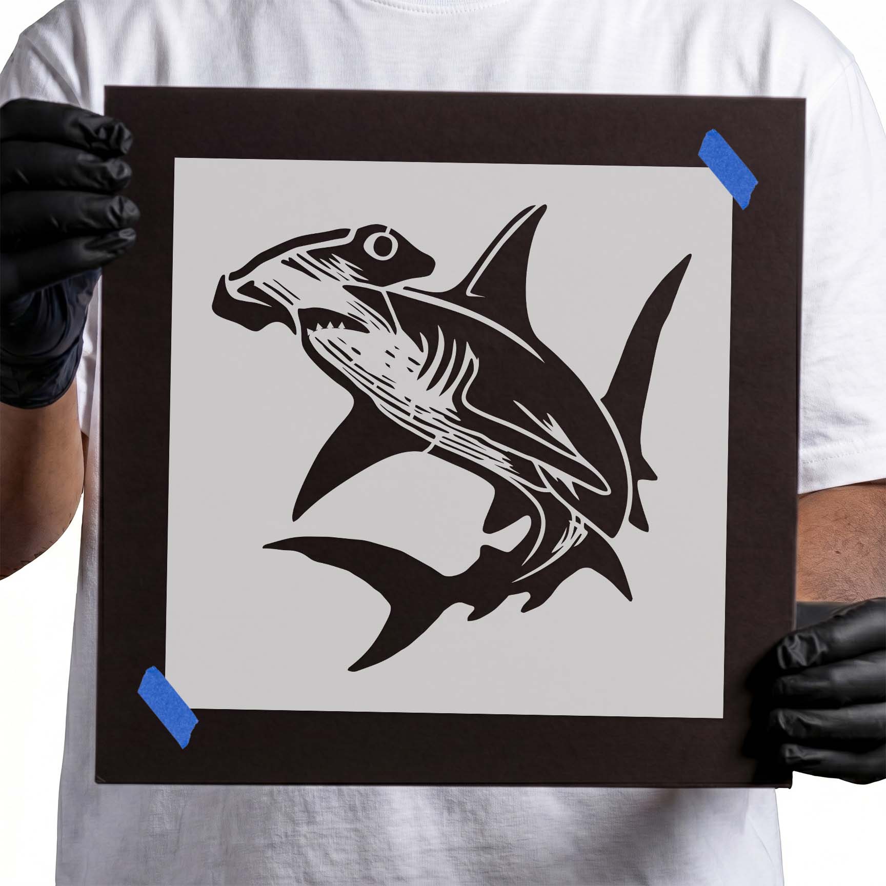 Detailed ocean hammerhead shark swimming stencil design