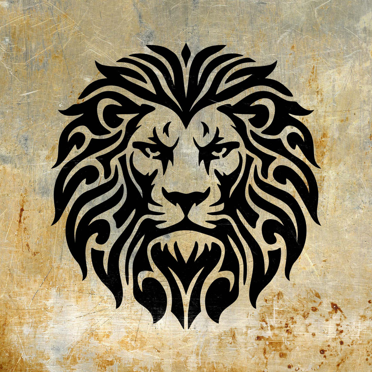 Bold Ornamental Lion Head Stencil displayed in black across a weathered metallic surface.