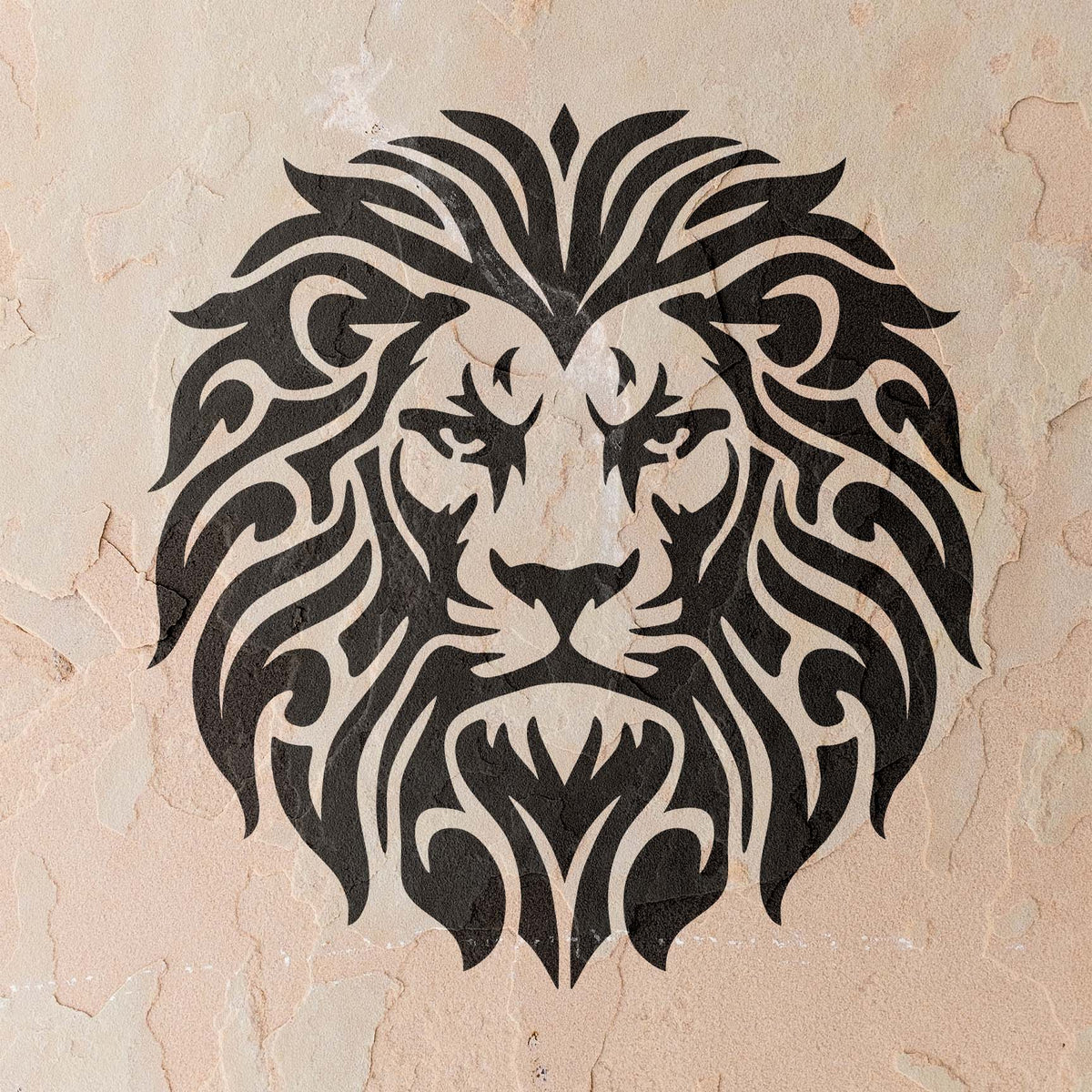Ornamental Lion Head Stencil adds a striking black lion design to a textured stucco wall.