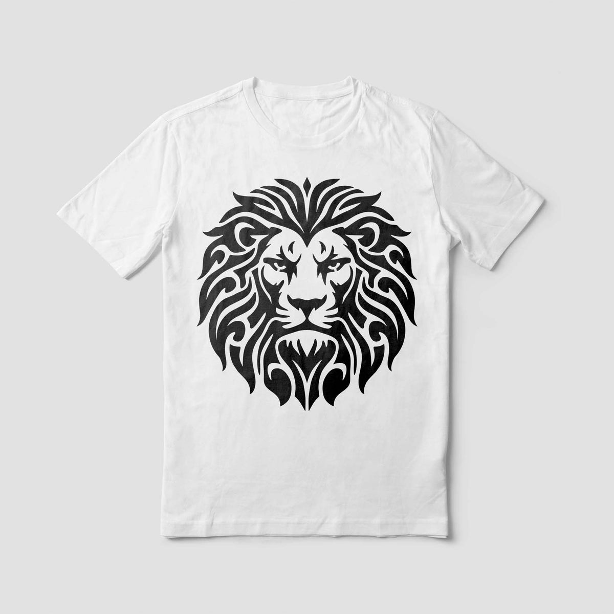 A white shirt features the Ornamental Lion Head Stencil with an intricate black mane design.