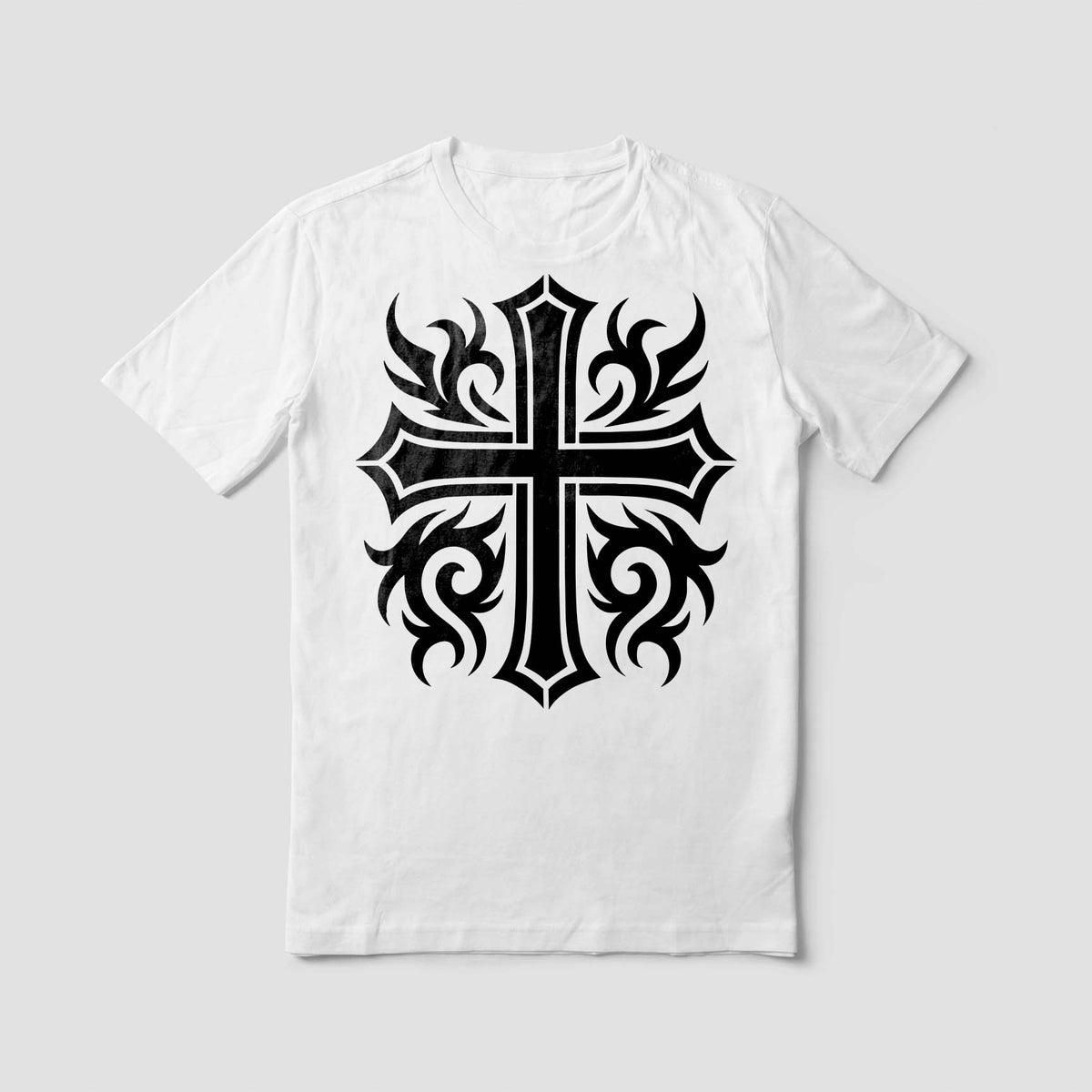 Centered on a white T-shirt, the Ornate Tribal Cross Stencil stands out in a bold black design