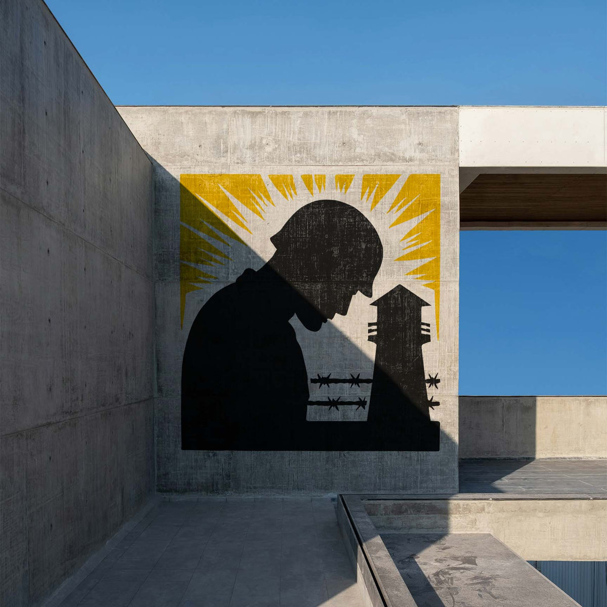 POW MIA Remembrance Memorial Stencil with bowed soldier and guard tower on concrete