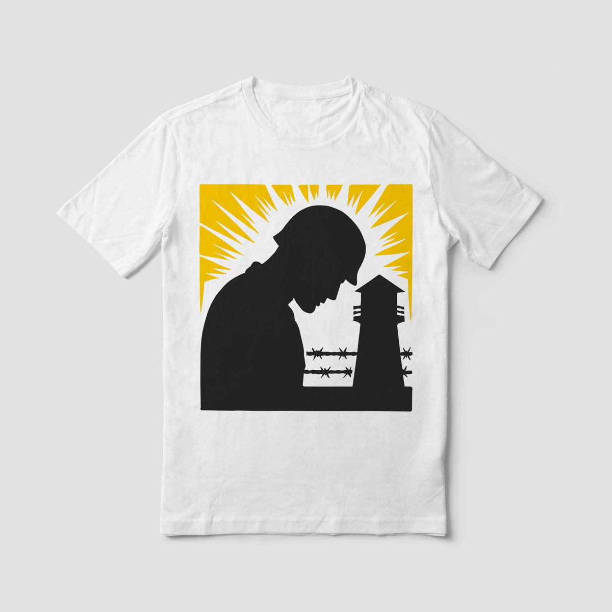 POW MIA Remembrance Memorial Stencil featuring soldier silhouette on a white shirt
