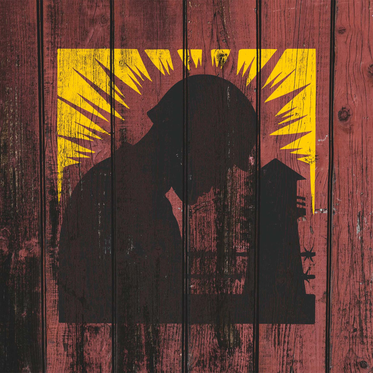 POW MIA Remembrance Memorial Stencil painted with yellow rays on rustic wood