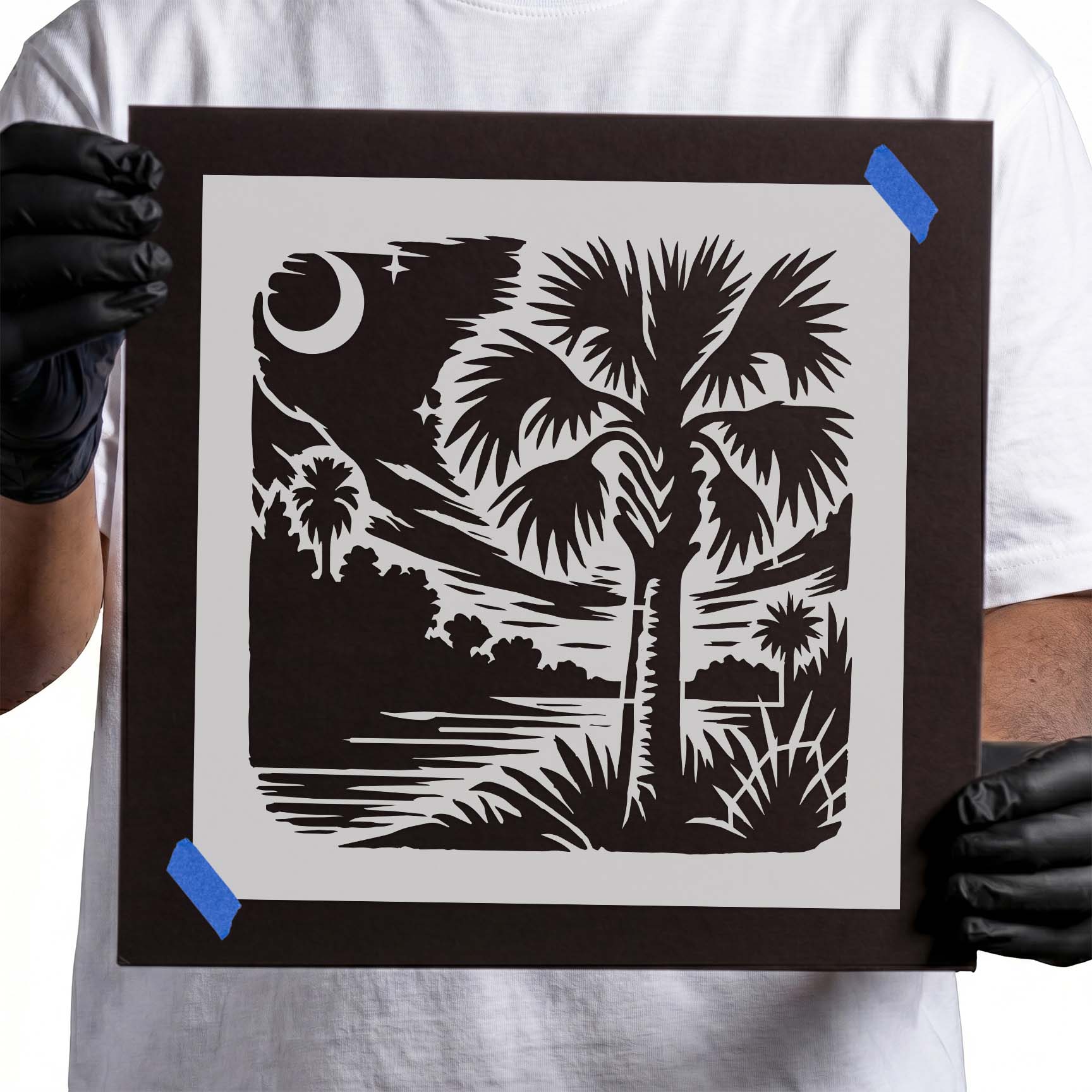 Moonlit palmetto tree landscape with water and crescent moon stencil