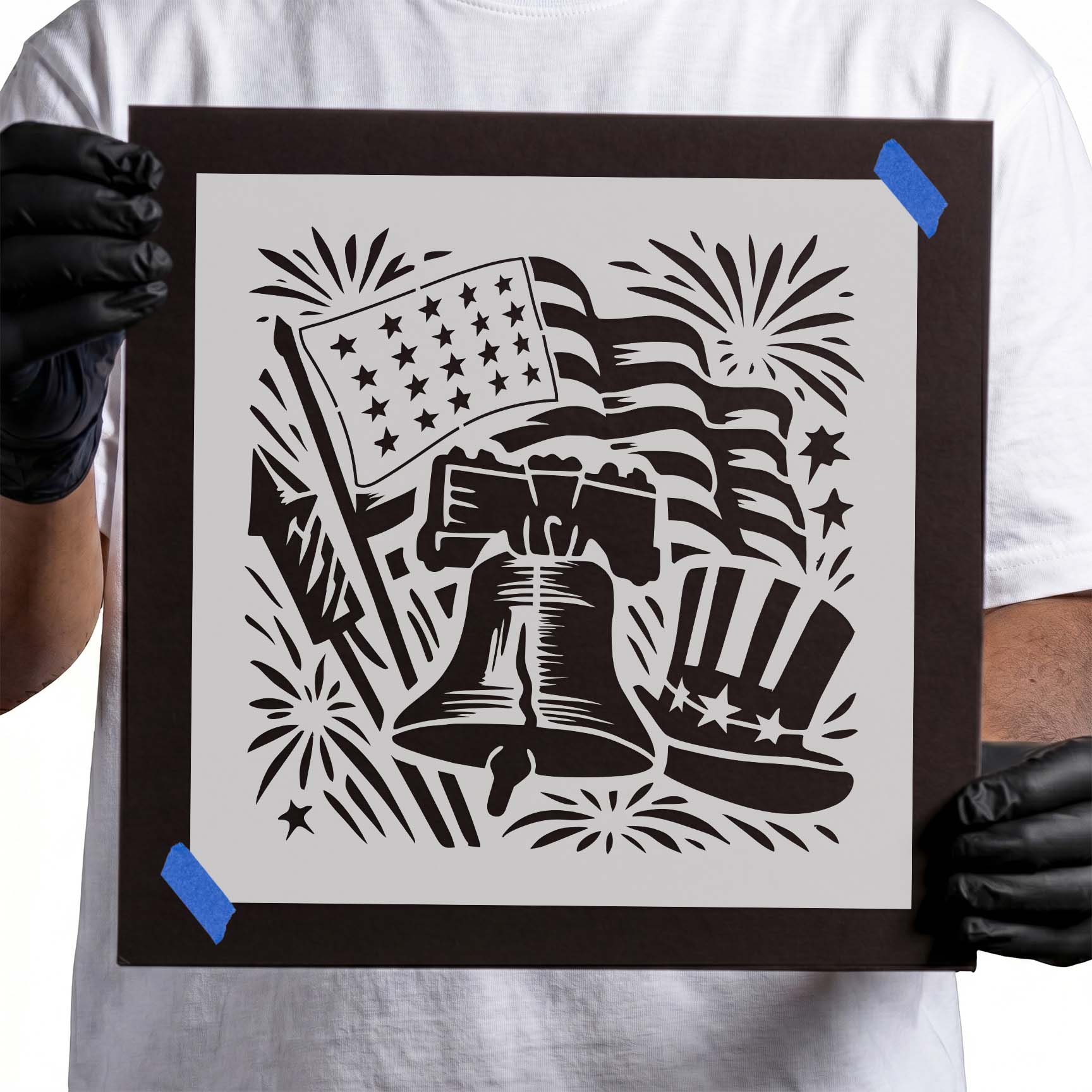 Liberty Bell with American flag, fireworks, and Uncle Sam hat stencil