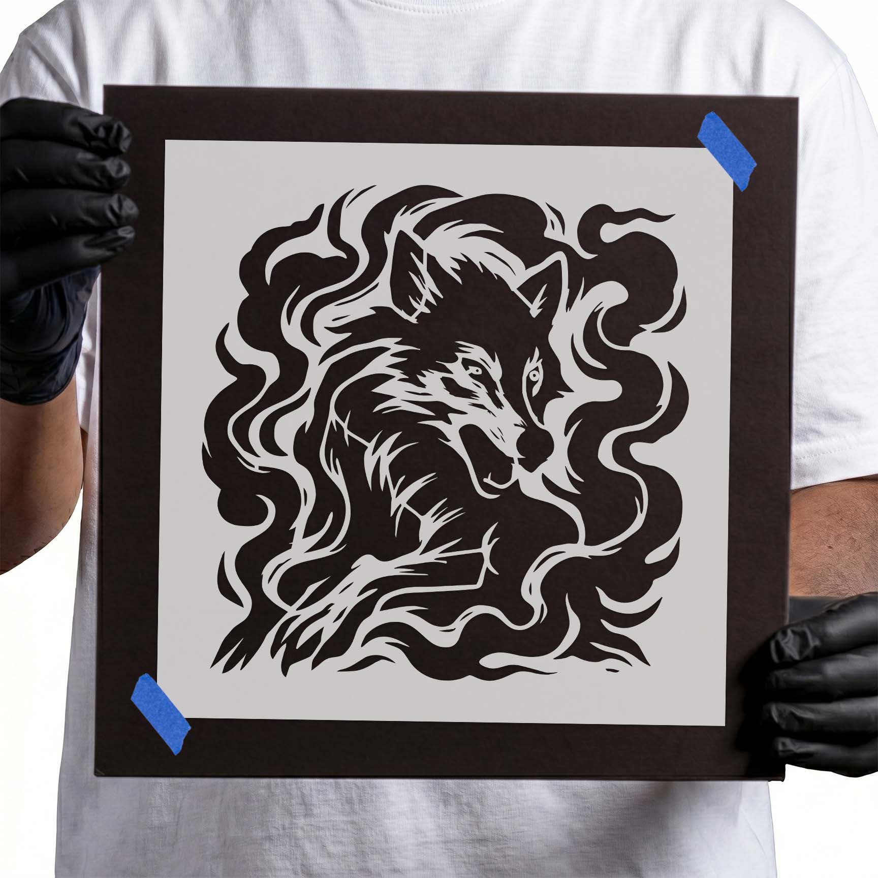 Fierce wolf surrounded by swirling smoke stencil design