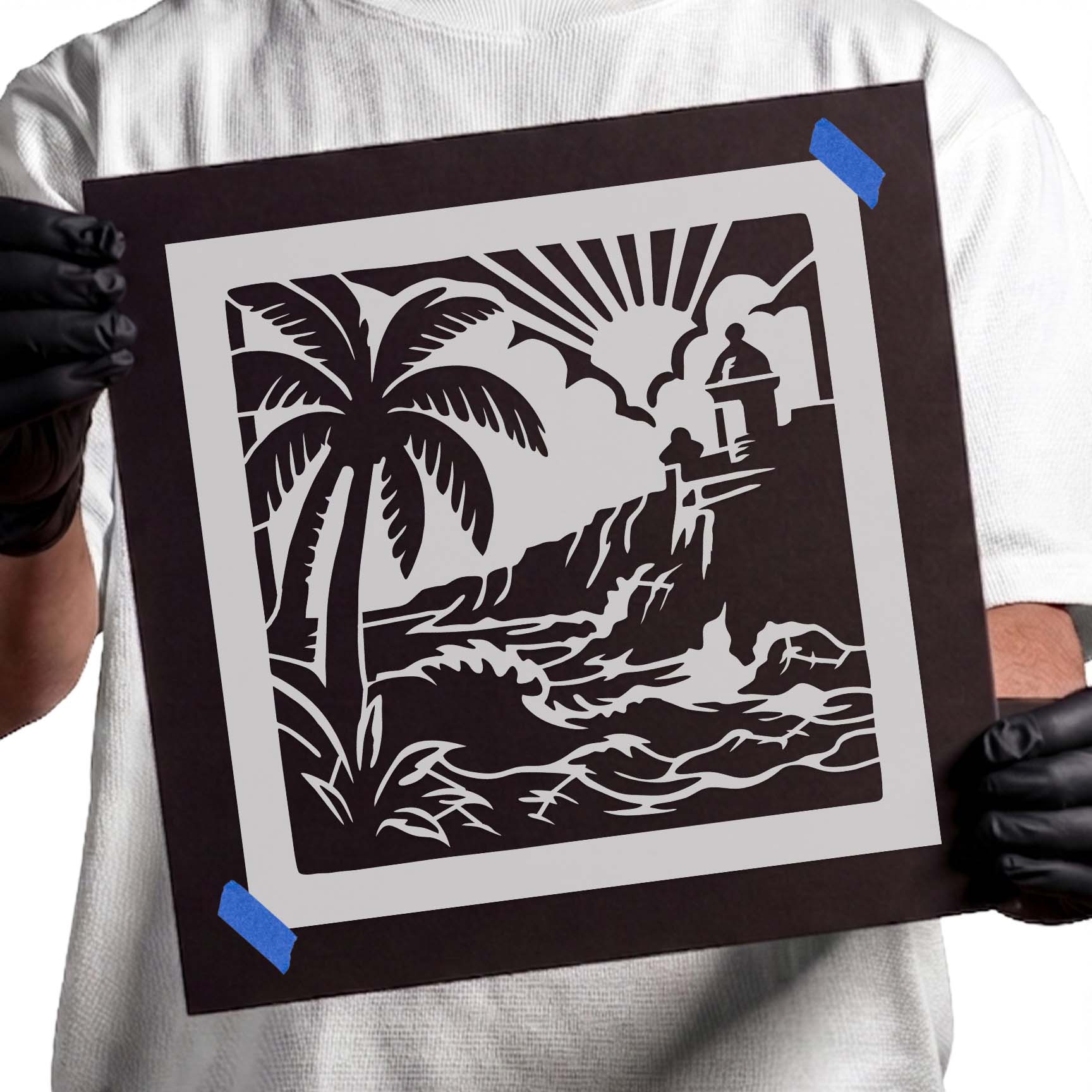 Tropical coastal stencil with palm tree and historic fortress