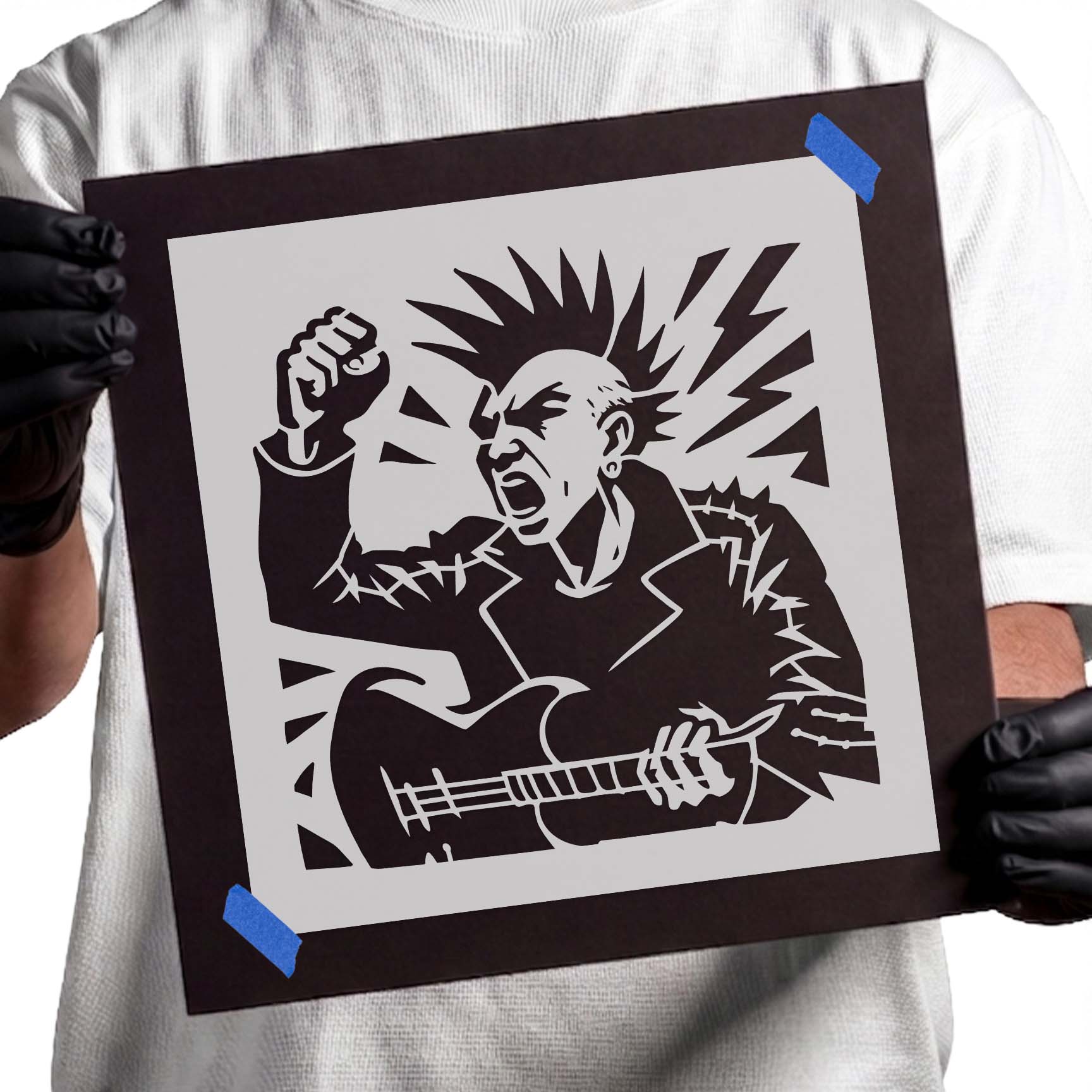 Punk guitarist stencil with mohawk, raised fist, guitar, and lightning