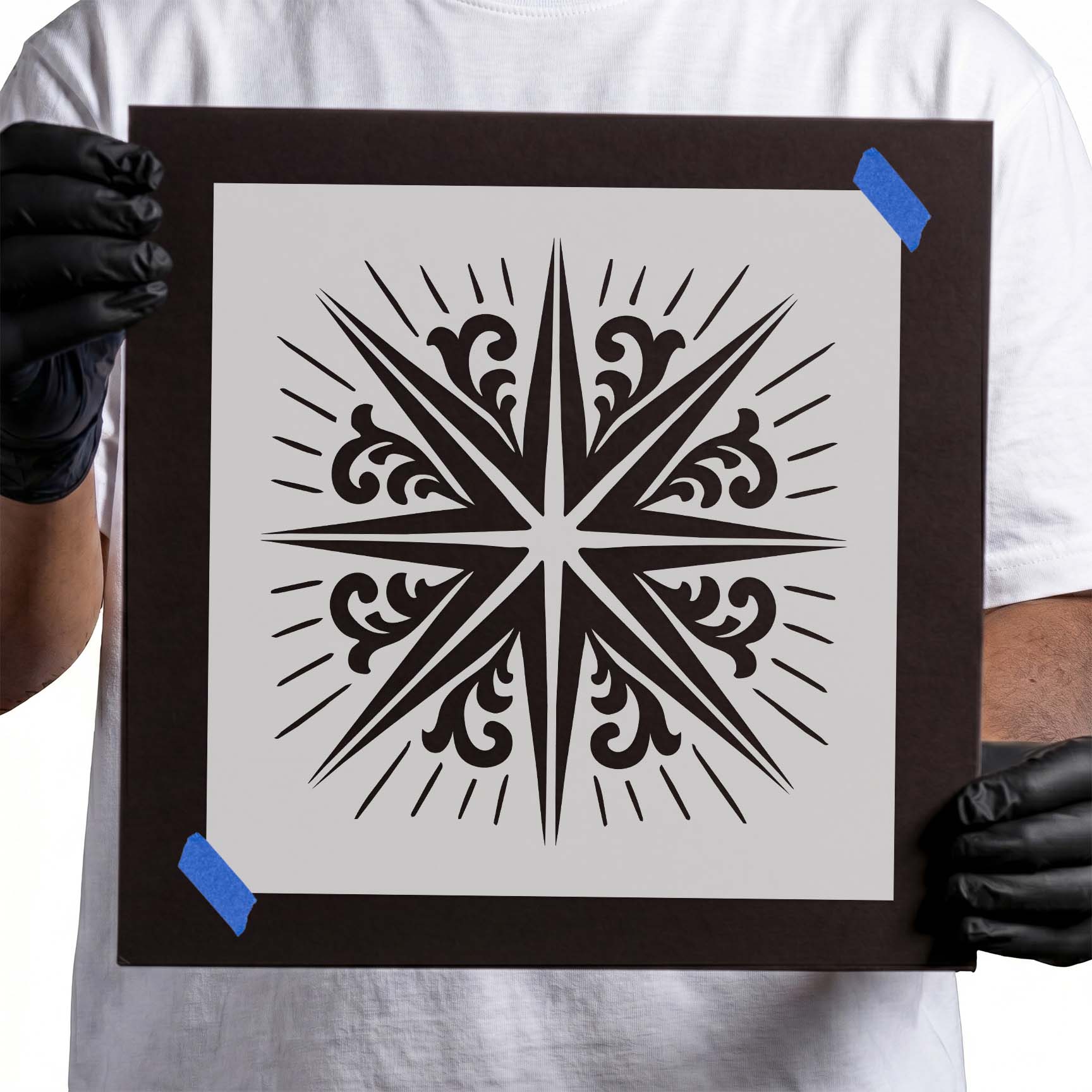 Radiating Scroll Star Stencil with decorative eight-point star