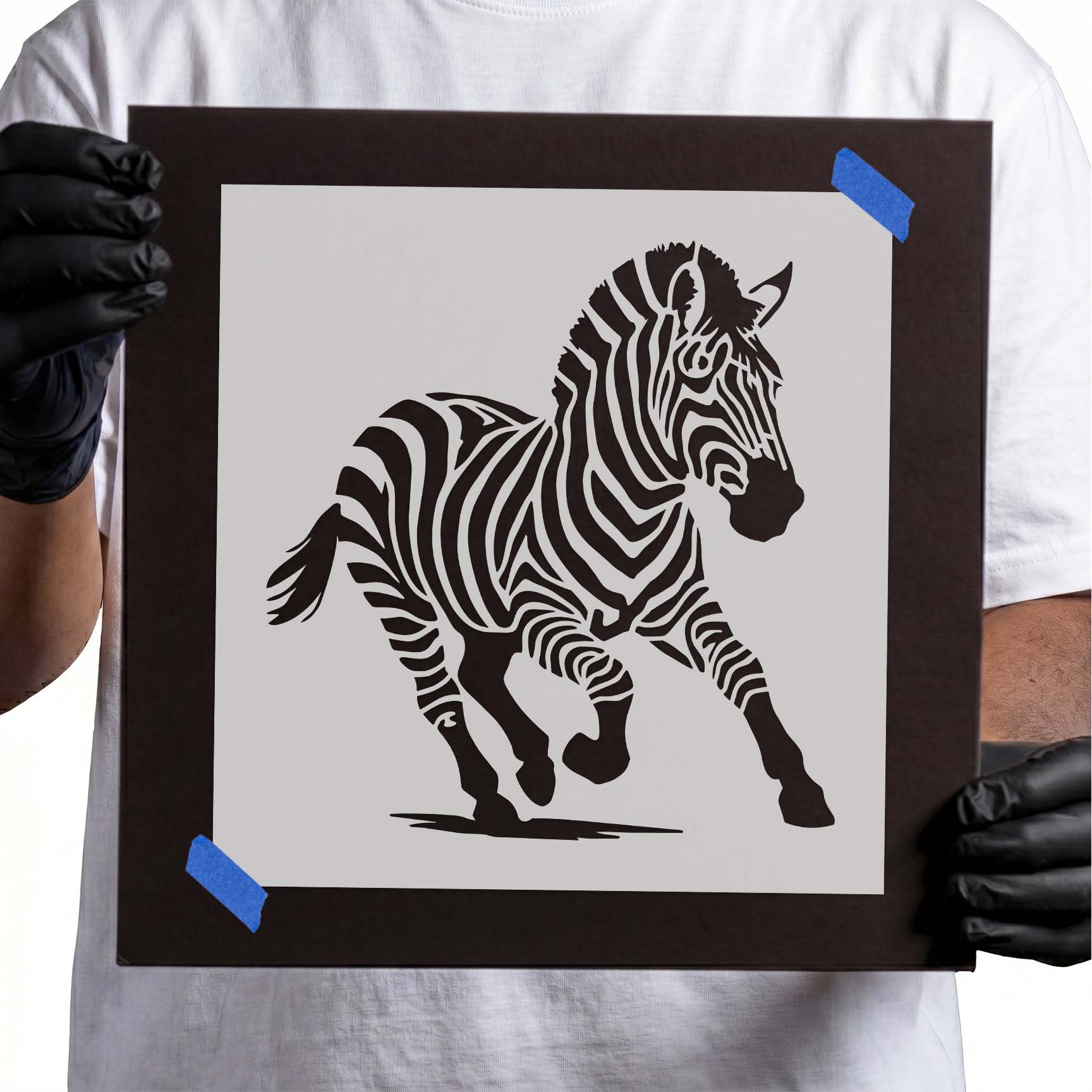 Running zebra stencil featuring bold striped details, flowing mane, and dynamic wildlife silhouette