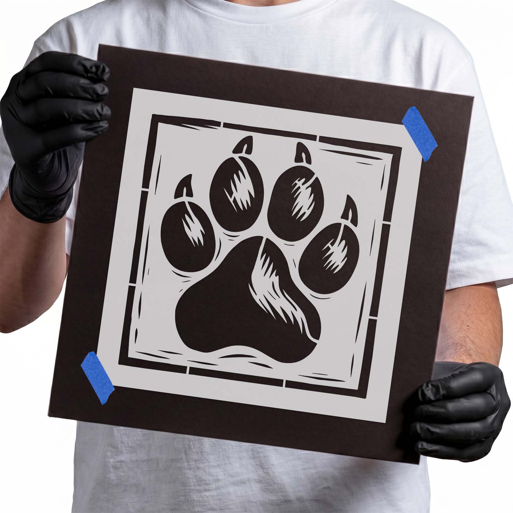 Detailed bear paw print inside a rustic framed border stencil design