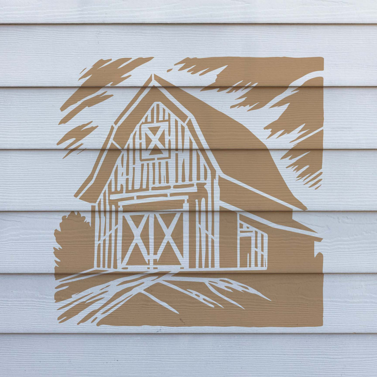 Farmhouse-inspired Rustic Country Barn Landscape Stencil painted in tan across white siding
