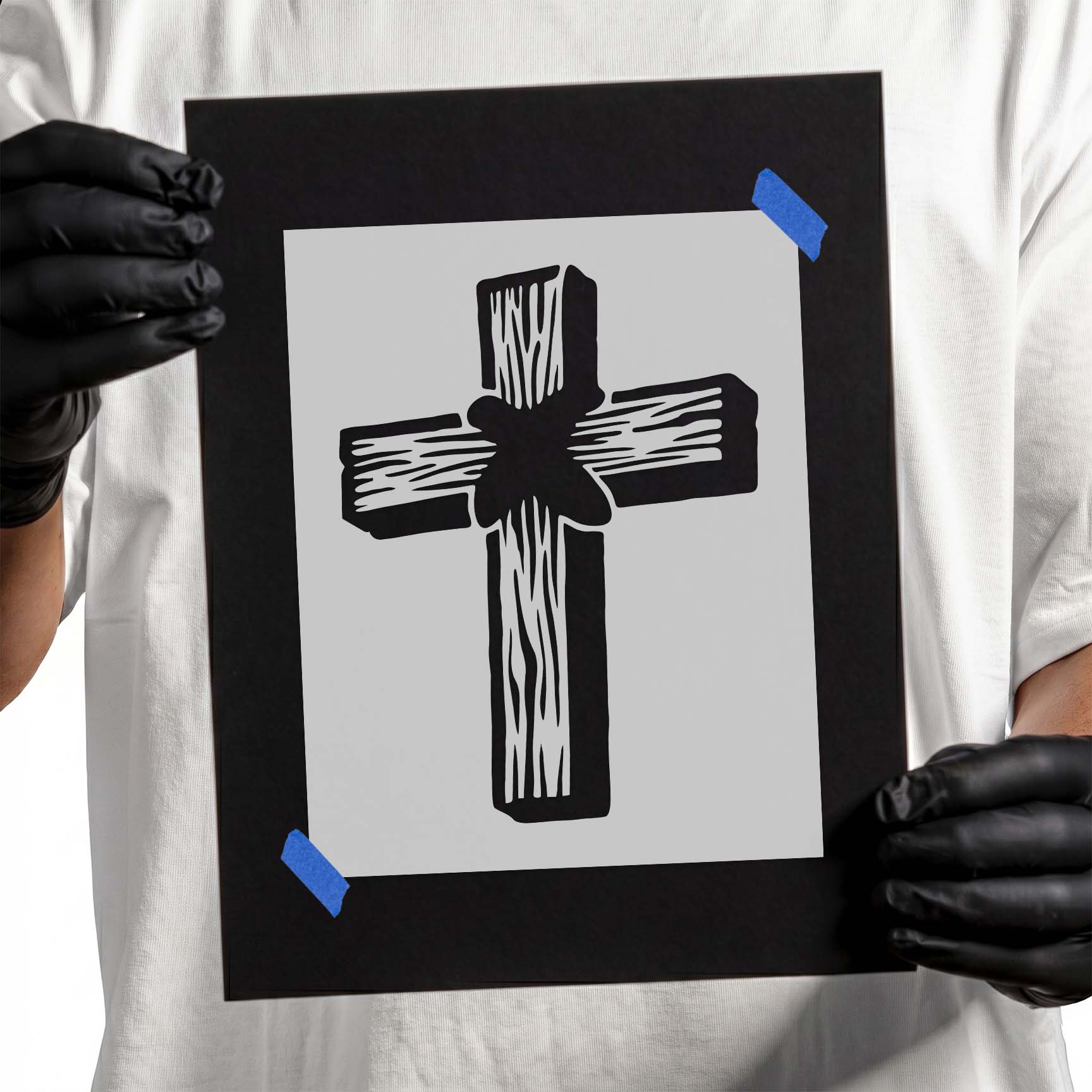 Rustic wooden cross stencil featuring realistic woodgrain texture.