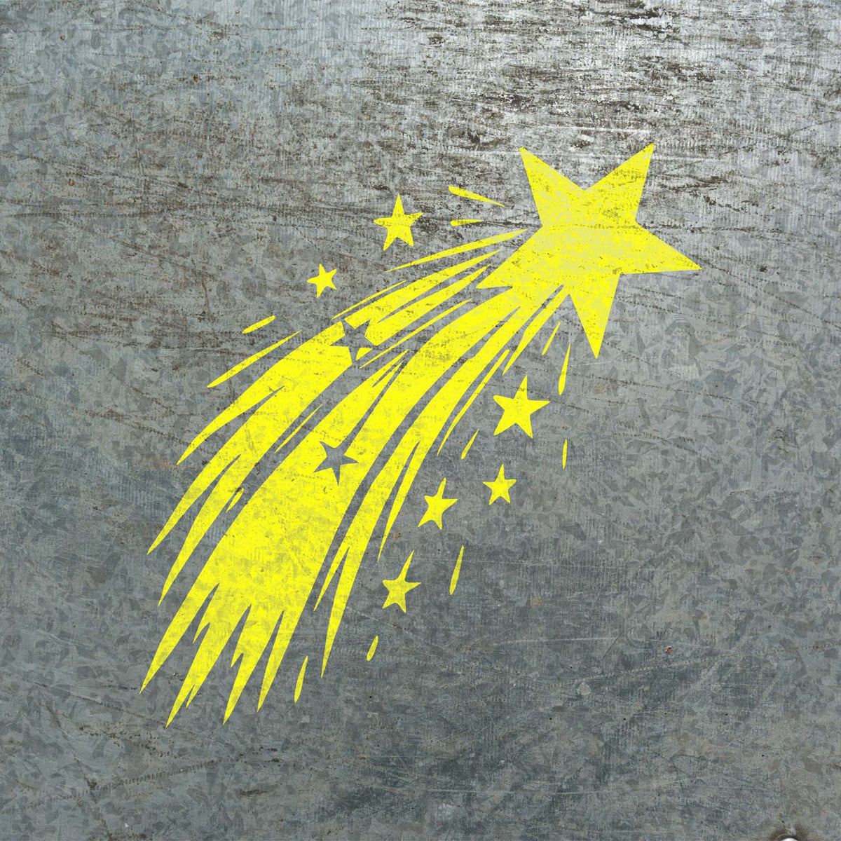Yellow Shooting Star Trail Stencil streaks boldly across a weathered gray metal surface