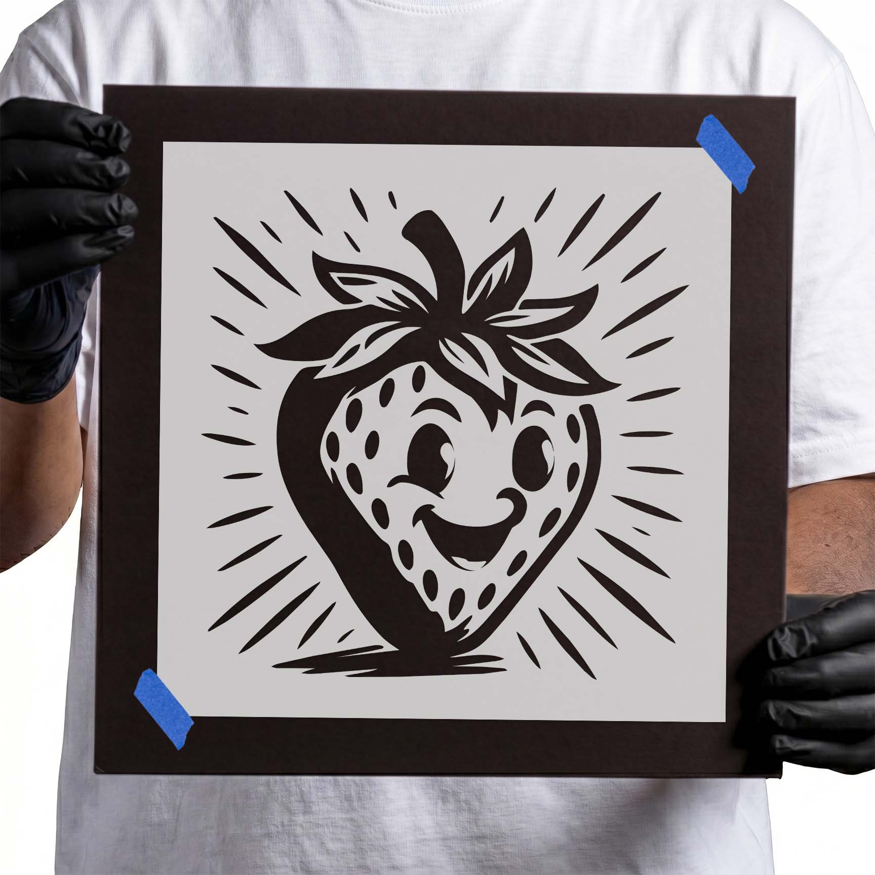 Cute smiling cartoon strawberry stencil with decorative burst rays