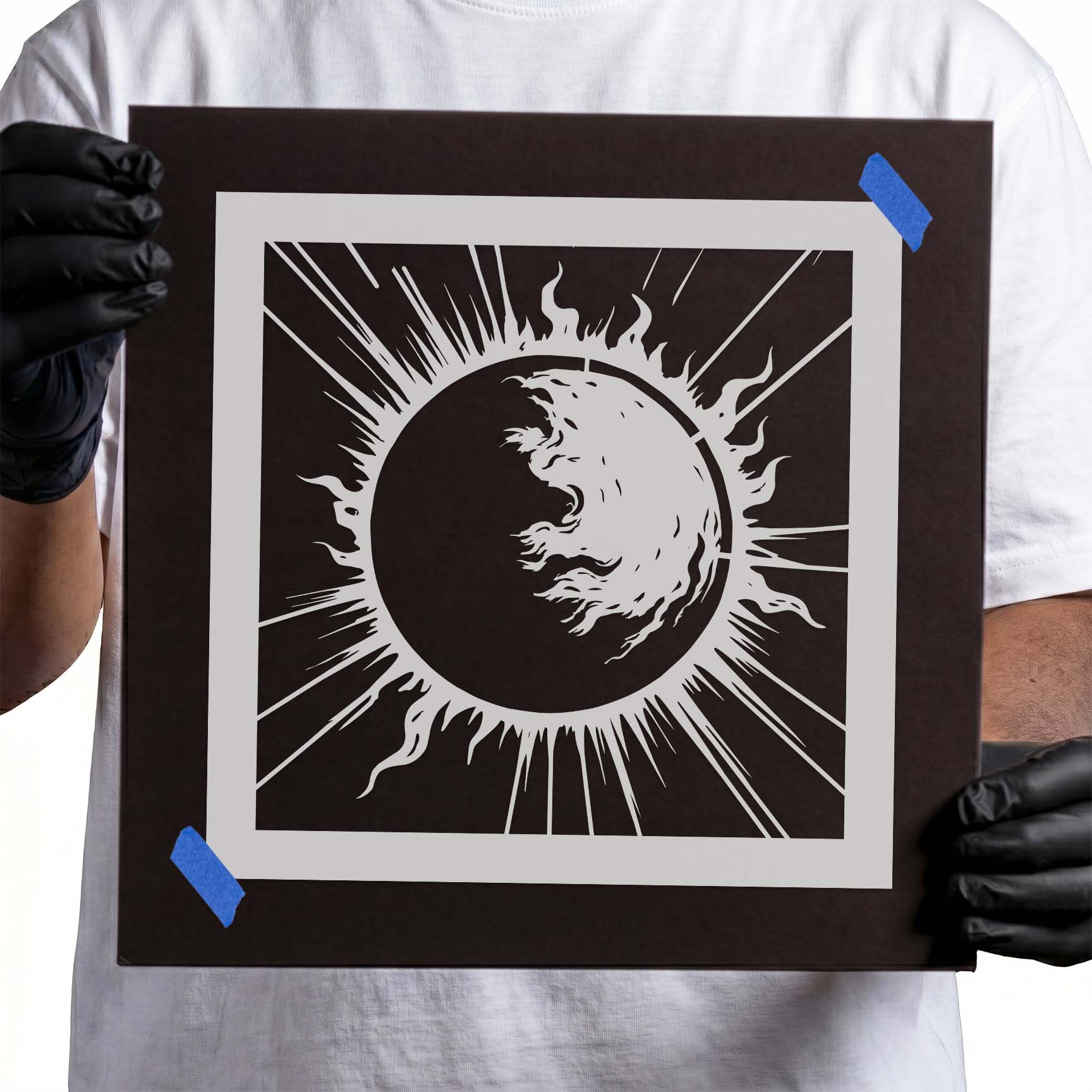 Solar eclipse with blazing flares and radiant beams stencil