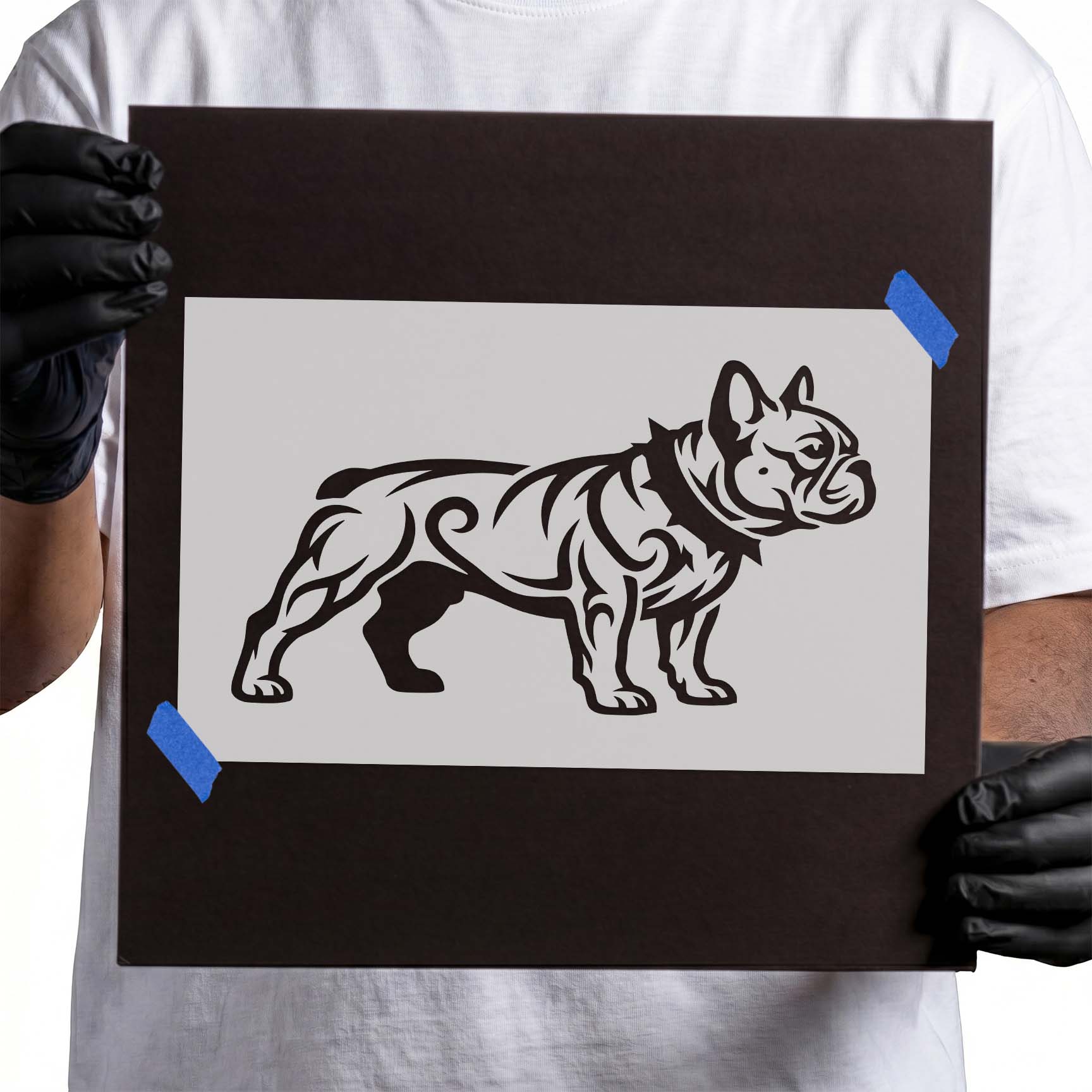 Standing bulldog stencil with pointed ears and broad compact body