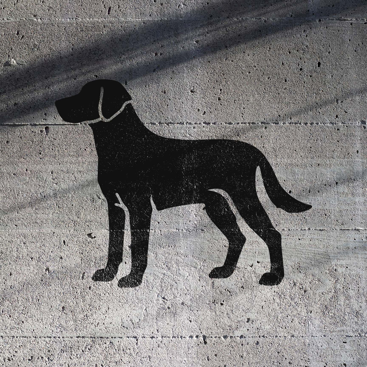 Standing Labrador Retriever Stencil painted in black on a textured concrete wall.
