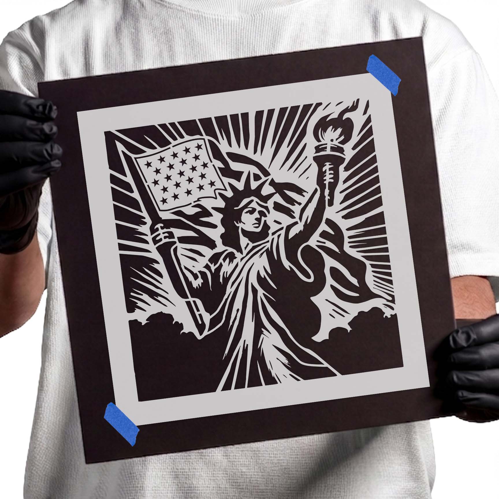 Statue of Liberty holding American flag stencil with radiant background