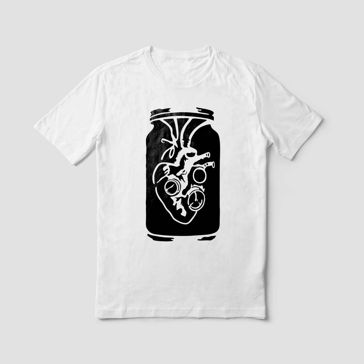 White shirt showcases the Steampunk Anatomical Heart Jar Stencil in a striking black design.