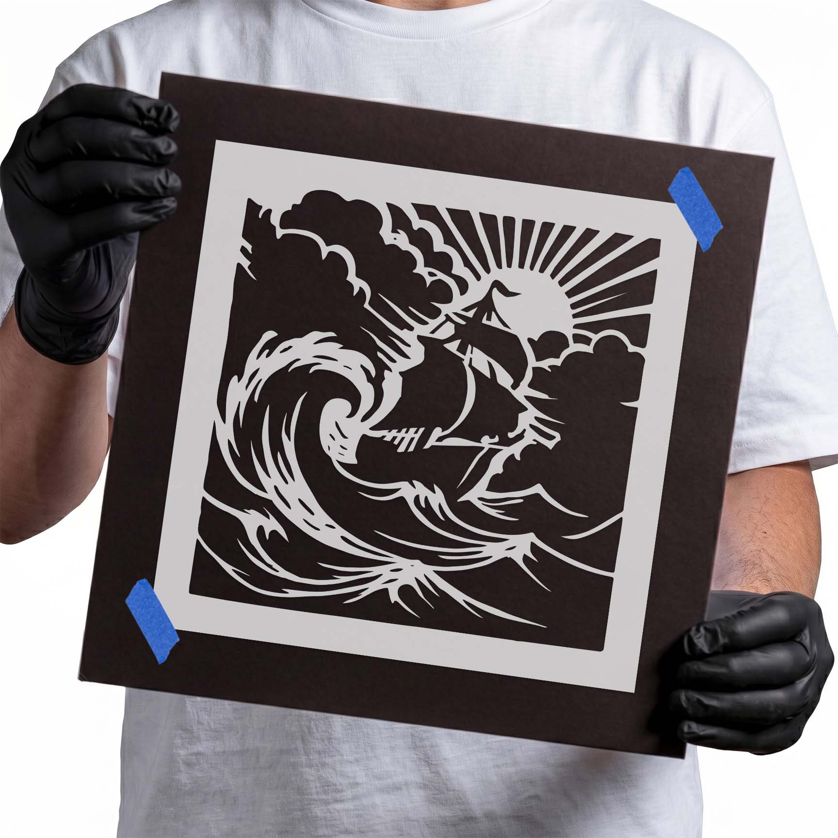 Sailing ship on stormy waves beneath dramatic sky stencil