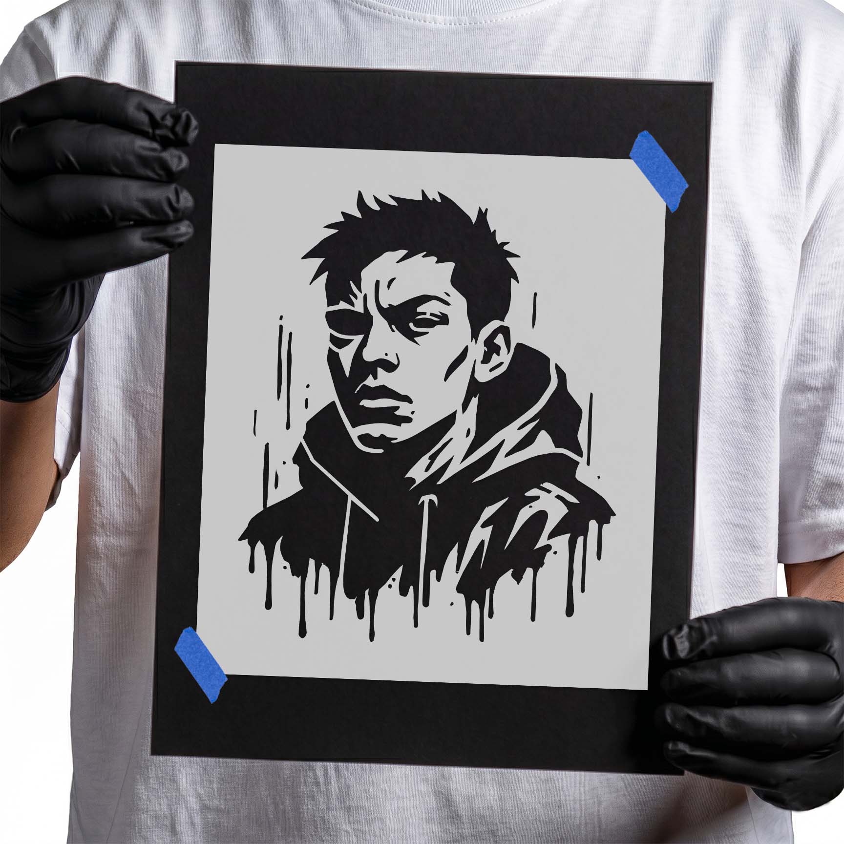 Street style portrait stencil with expressive face and paint drips