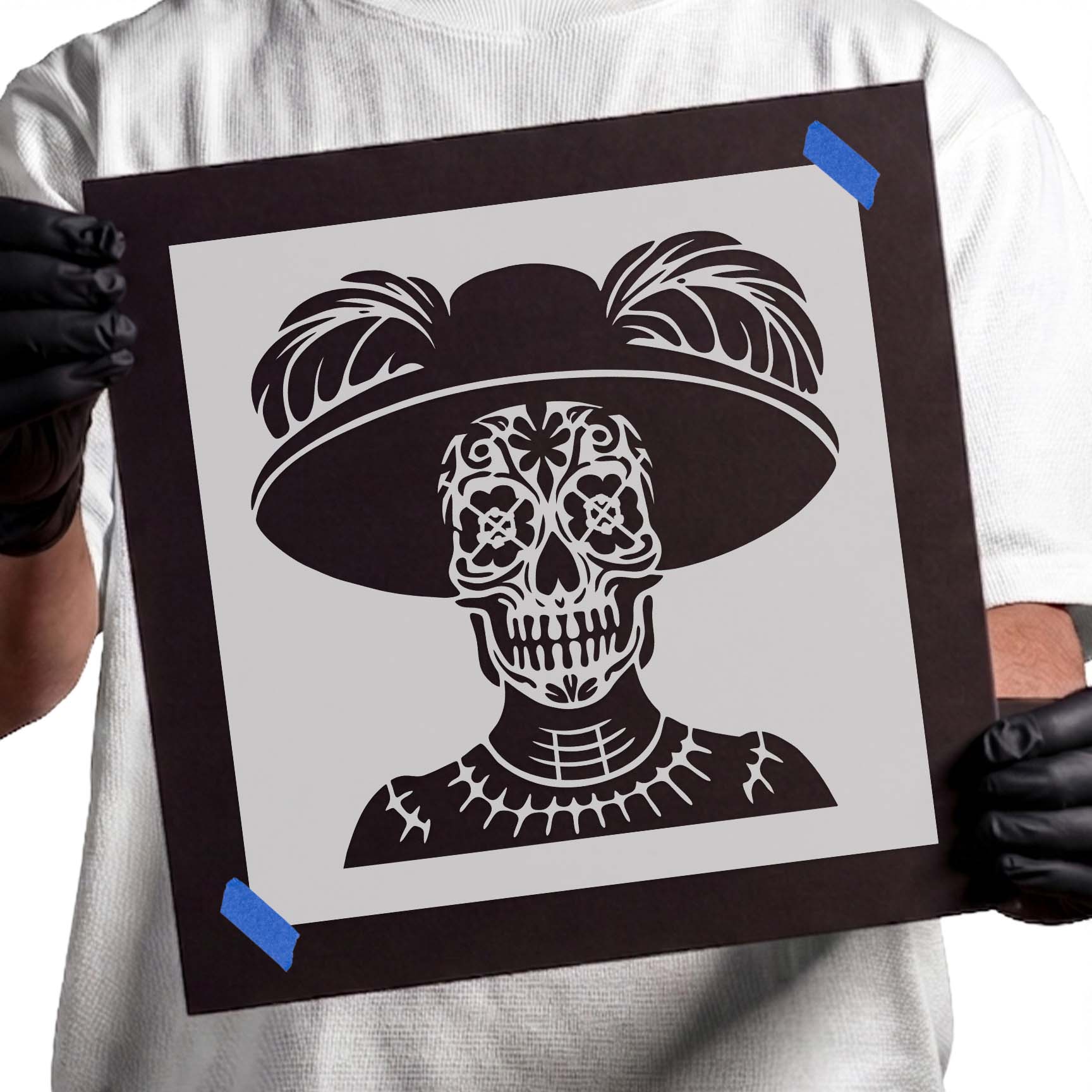 Sugar Skull Catrina Stencil with feathered hat and ornate floral skull details