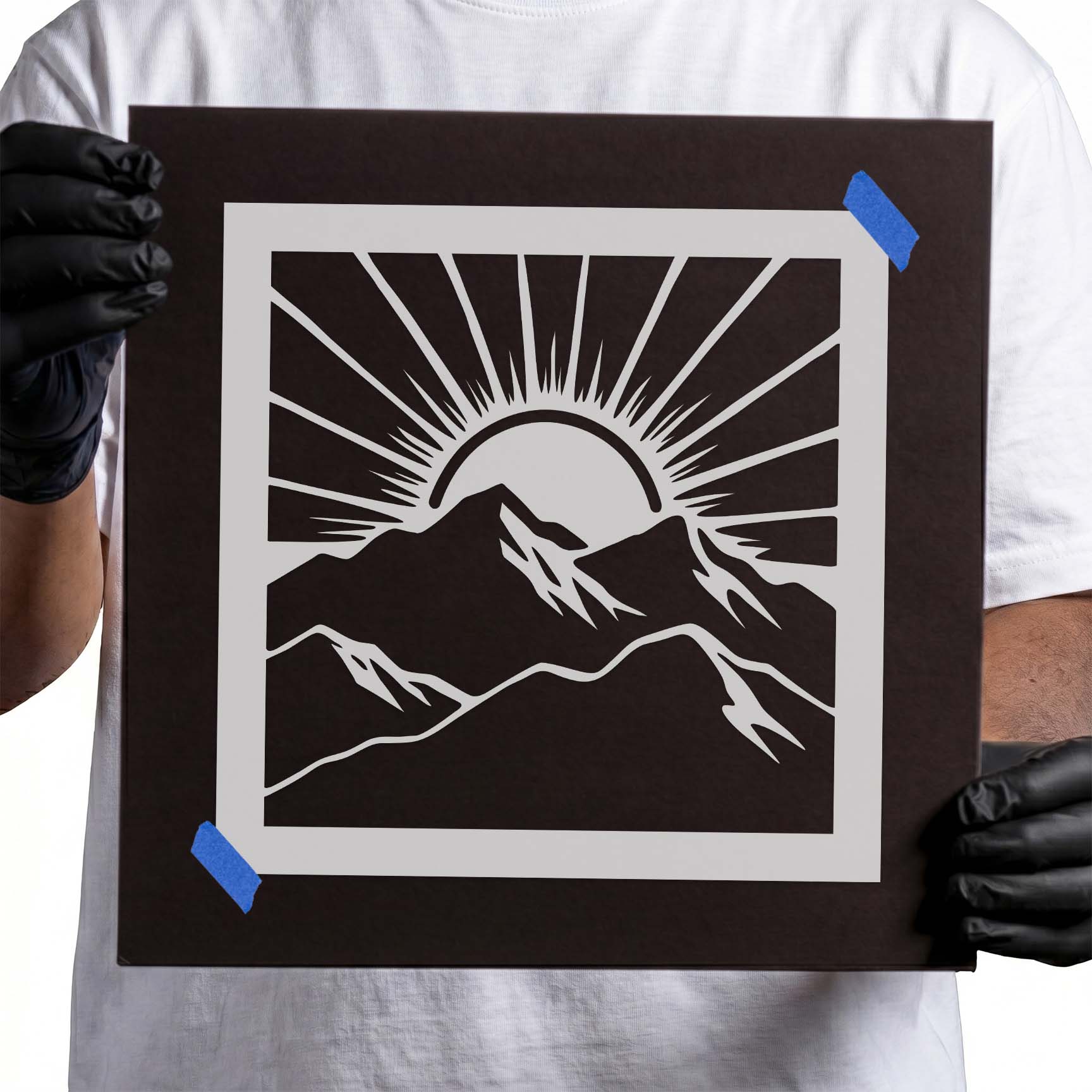 Sunrise Mountain Landscape Stencil with mountain peaks and a rising sun.
