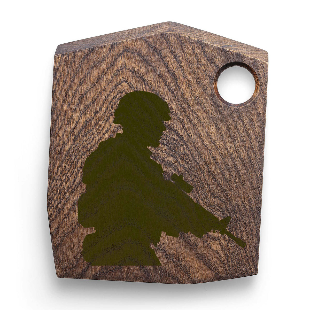 Tactical Soldier Silhouette Stencil painted on a rustic wooden cutting board
