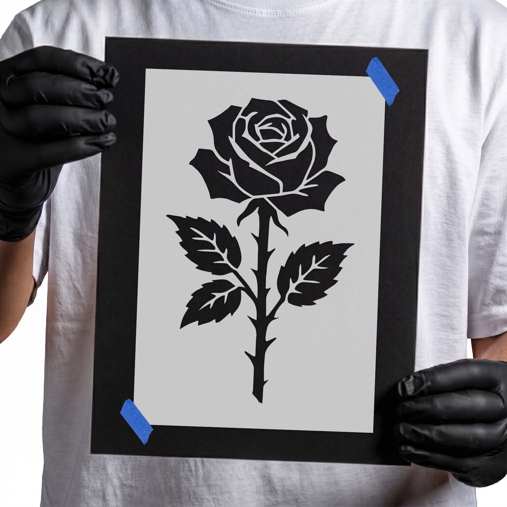 Single blooming rose with leaves and thorned stem stencil