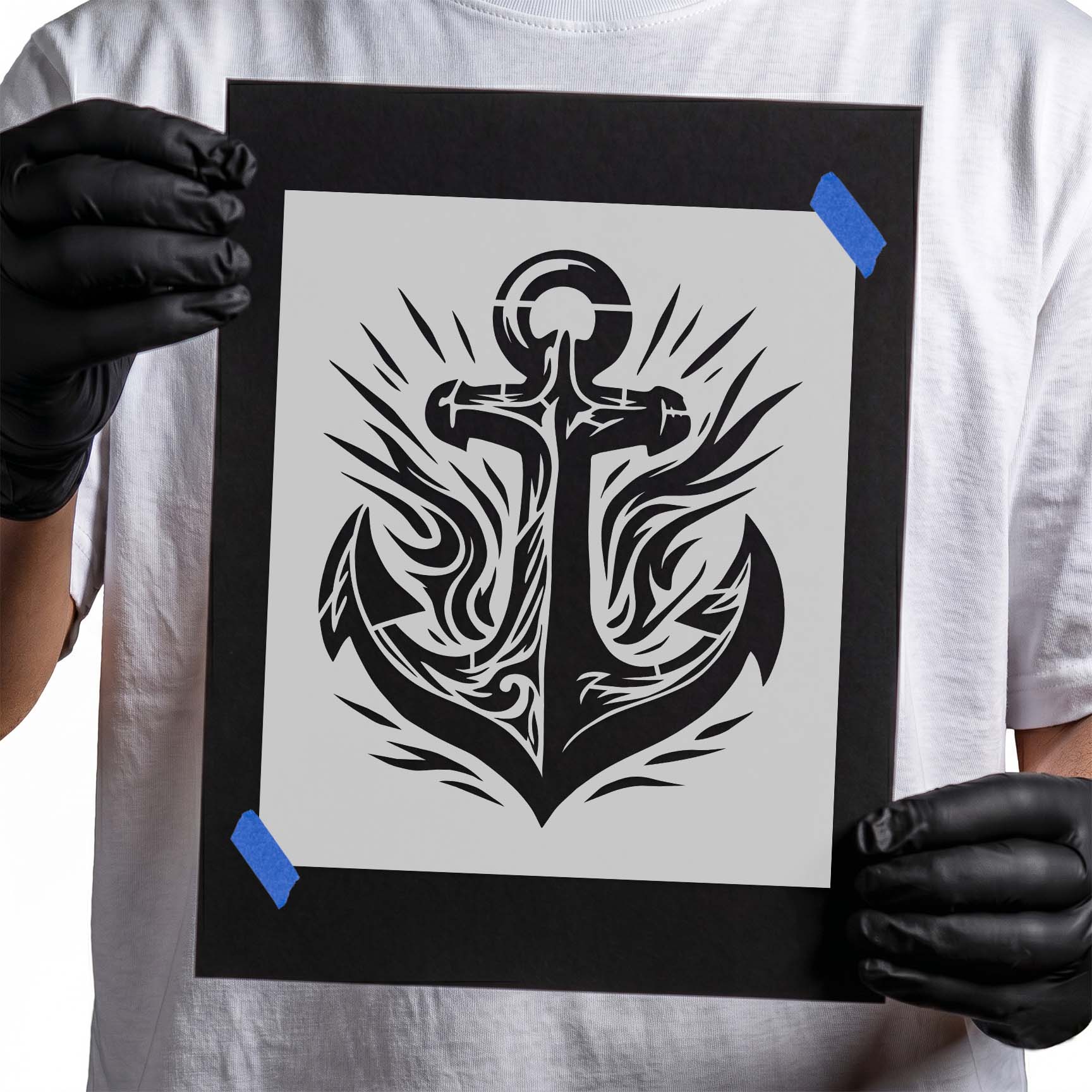 Stylized tribal anchor with flowing decorative accents stencil