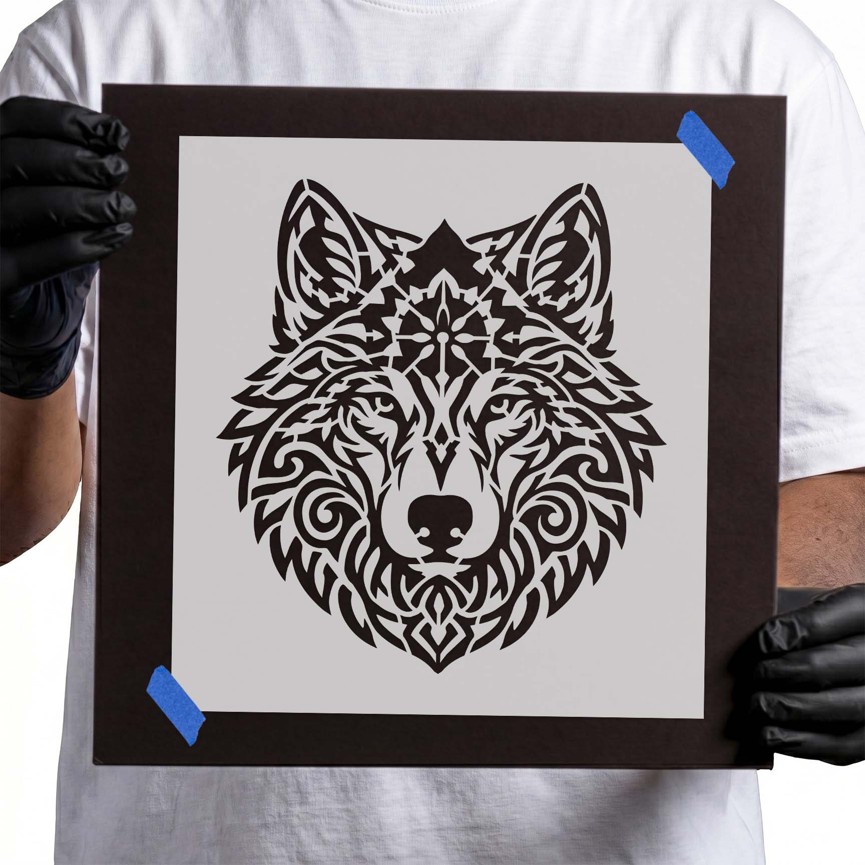 Symmetrical tribal mandala wolf head stencil design