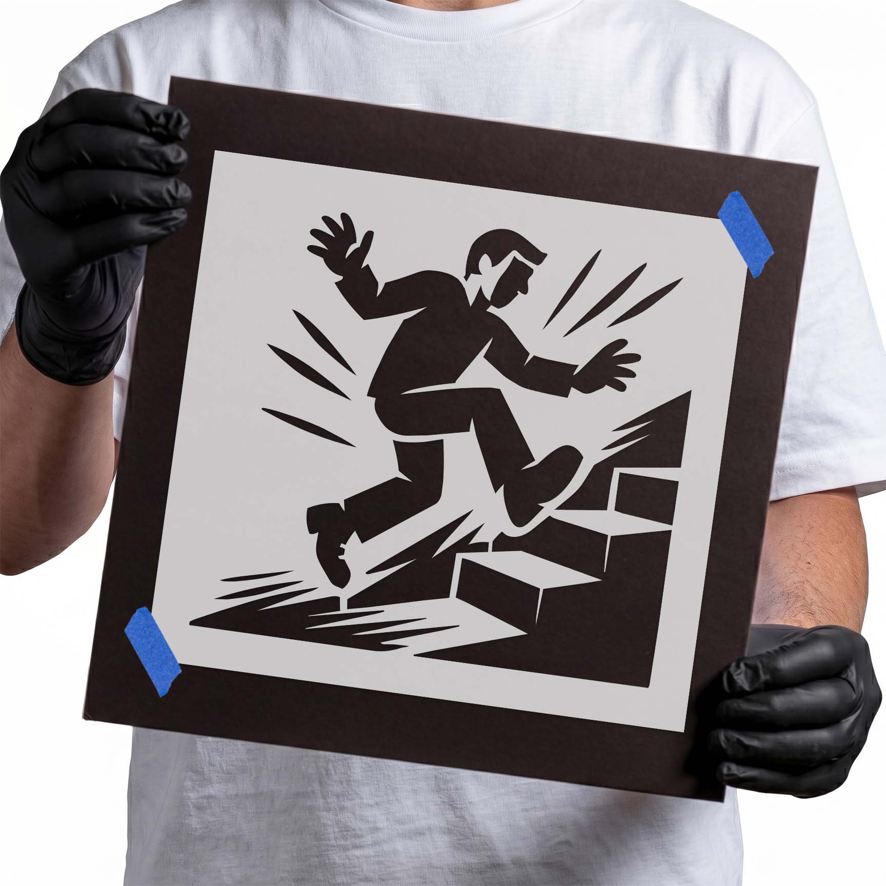 Person tripping over a raised step warning stencil