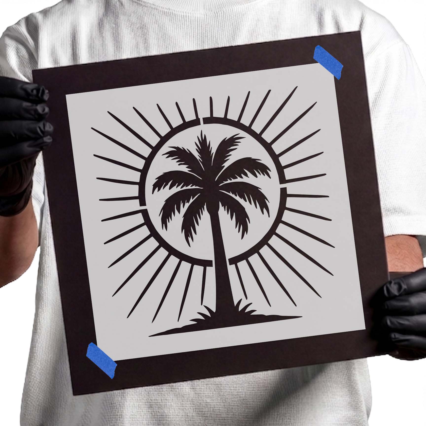 Palm tree stencil with radiant sunburst background