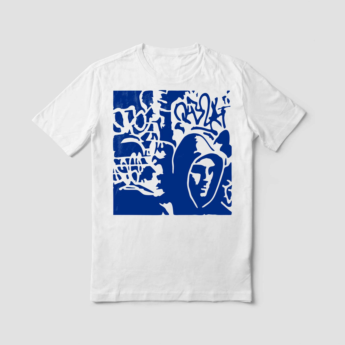 Blue Urban Street Graffiti Stencil art gives a white t-shirt an edgy look with abstract tags and a hooded figure.