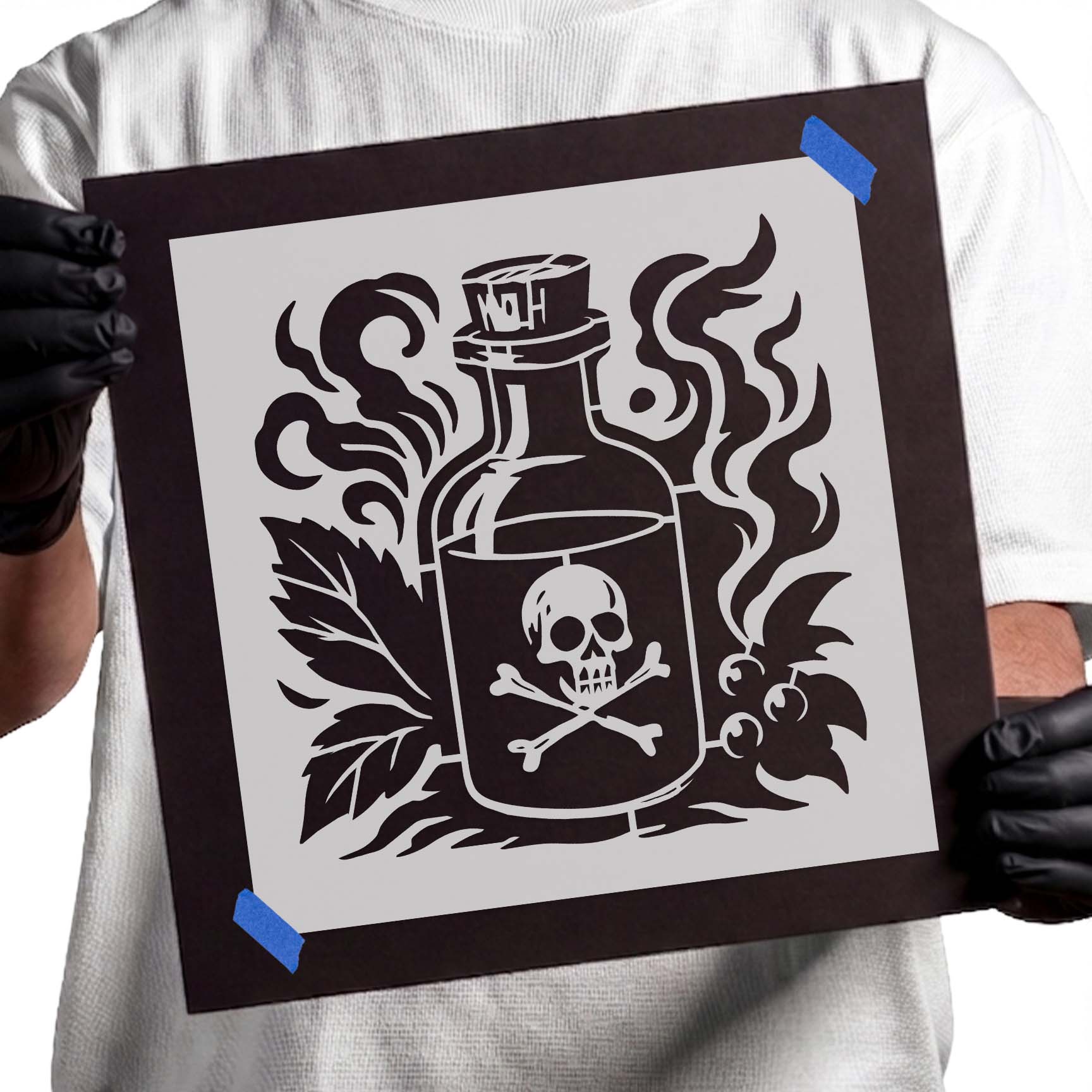 Vintage poison bottle with skull and crossbones surrounded by smoke and botanical elements stencil