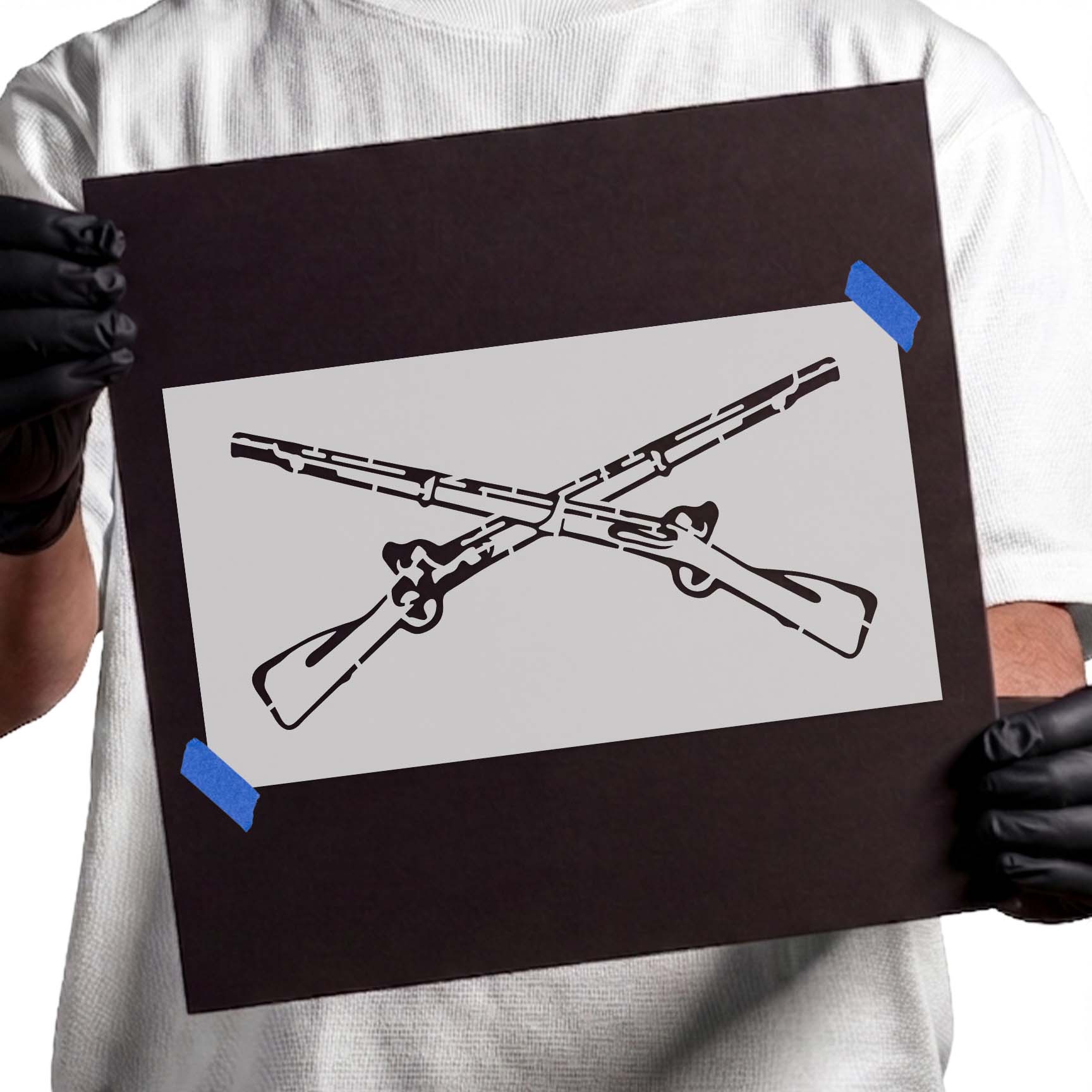 Vintage crossed rifle stencil featuring two detailed long rifles arranged in a bold X-shaped silhouette