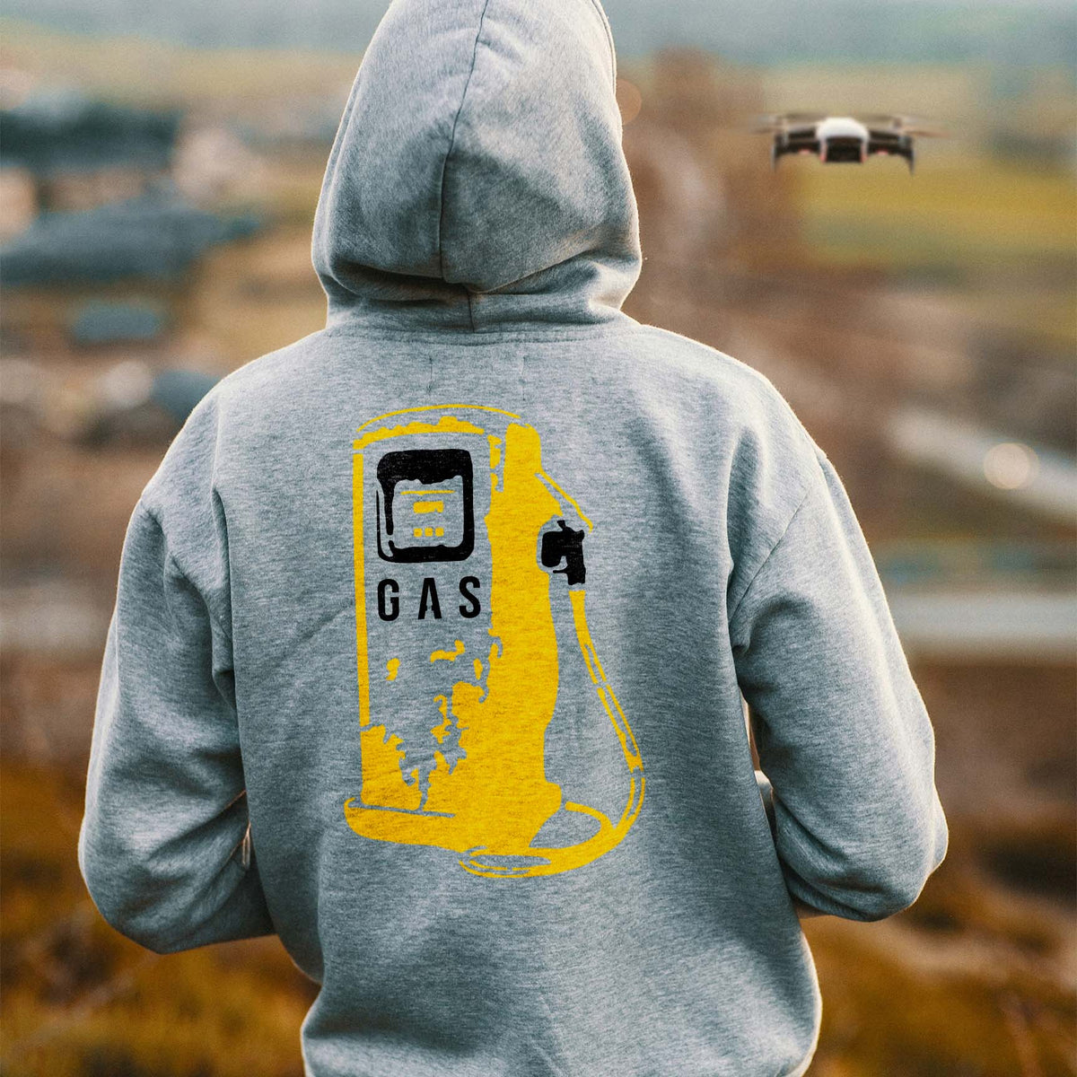 Vintage Gas Pump stencil gives a retro service station look to gray hoodie