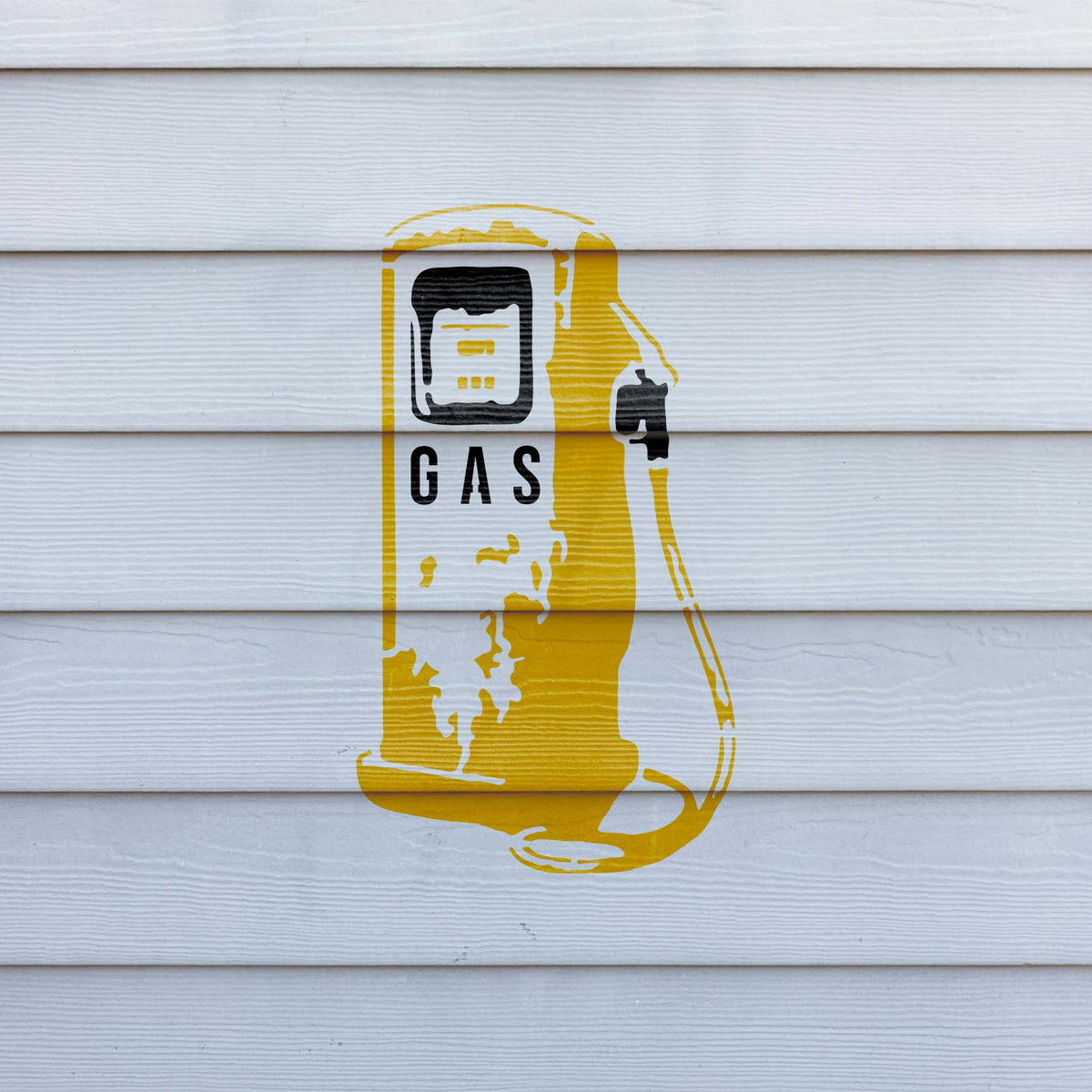 Vintage Gas Pump stencil displays a weathered yellow fuel pump on white siding