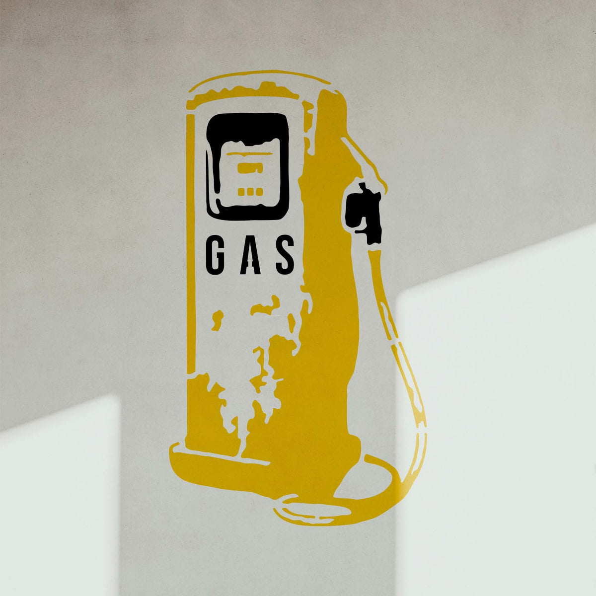 Vintage Gas Pump stencil features a distressed yellow pump against a shadowed wall