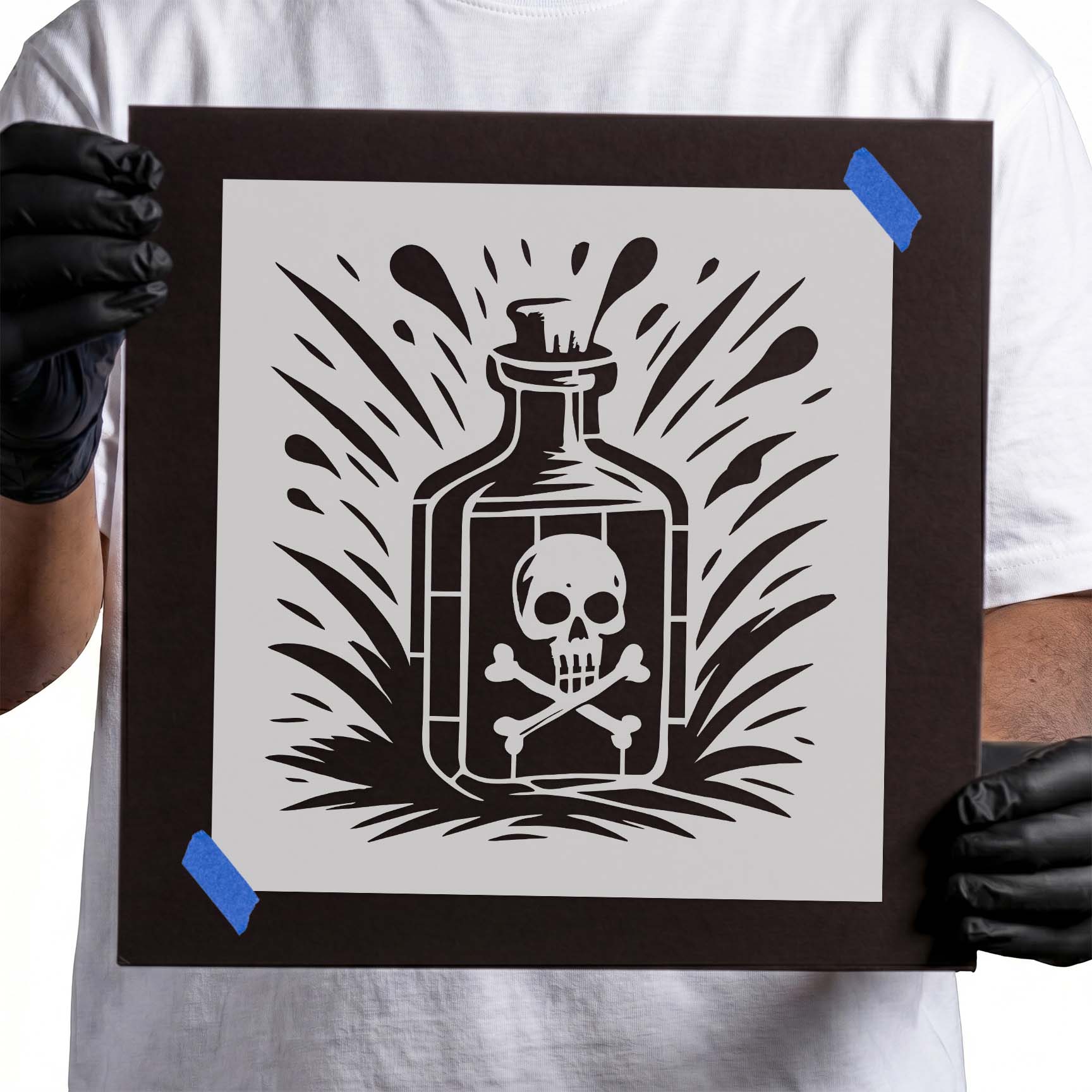 Vintage poison bottle with skull and crossbones label and splash accents stencil