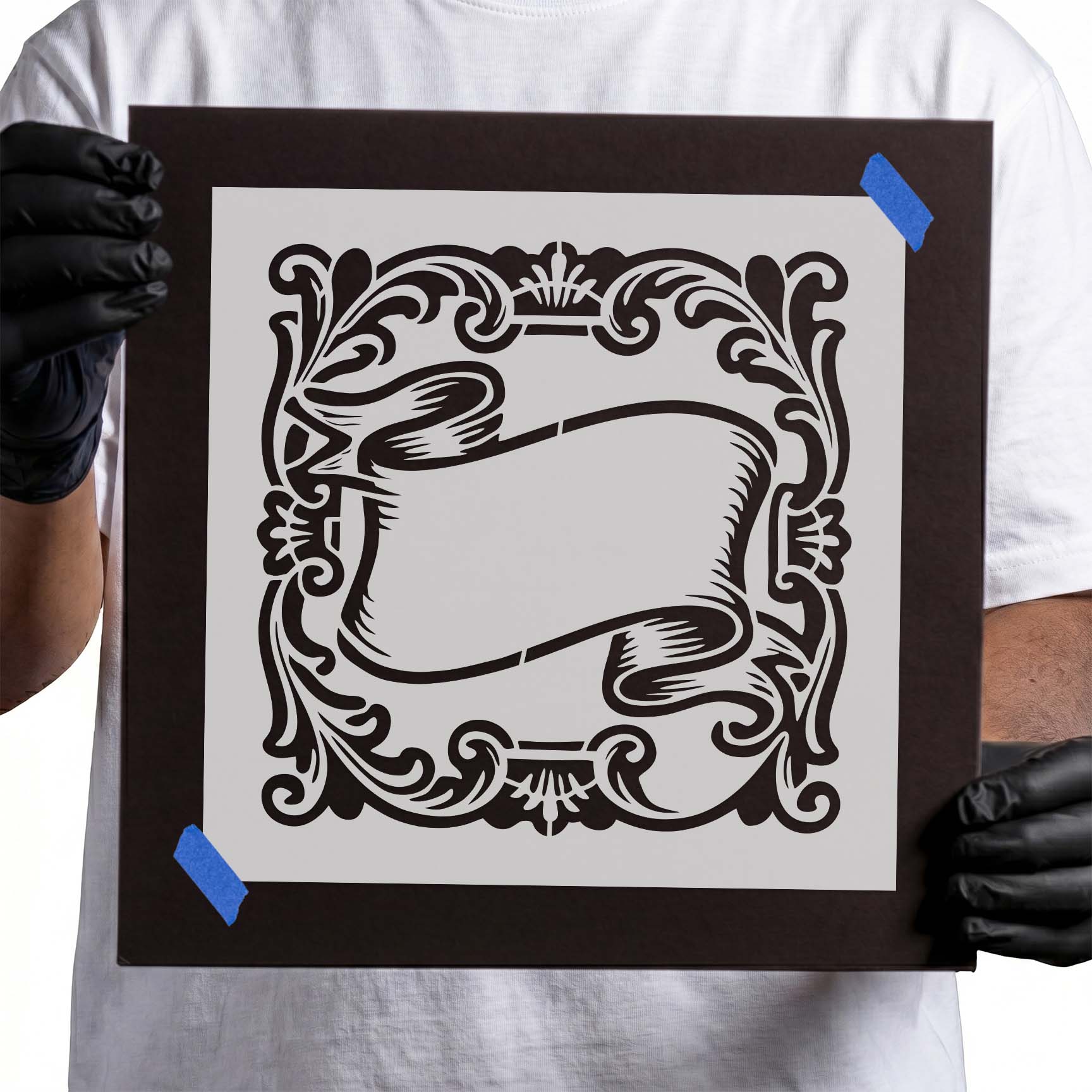 Ornate scroll frame stencil with blank ribbon banner centerpiece