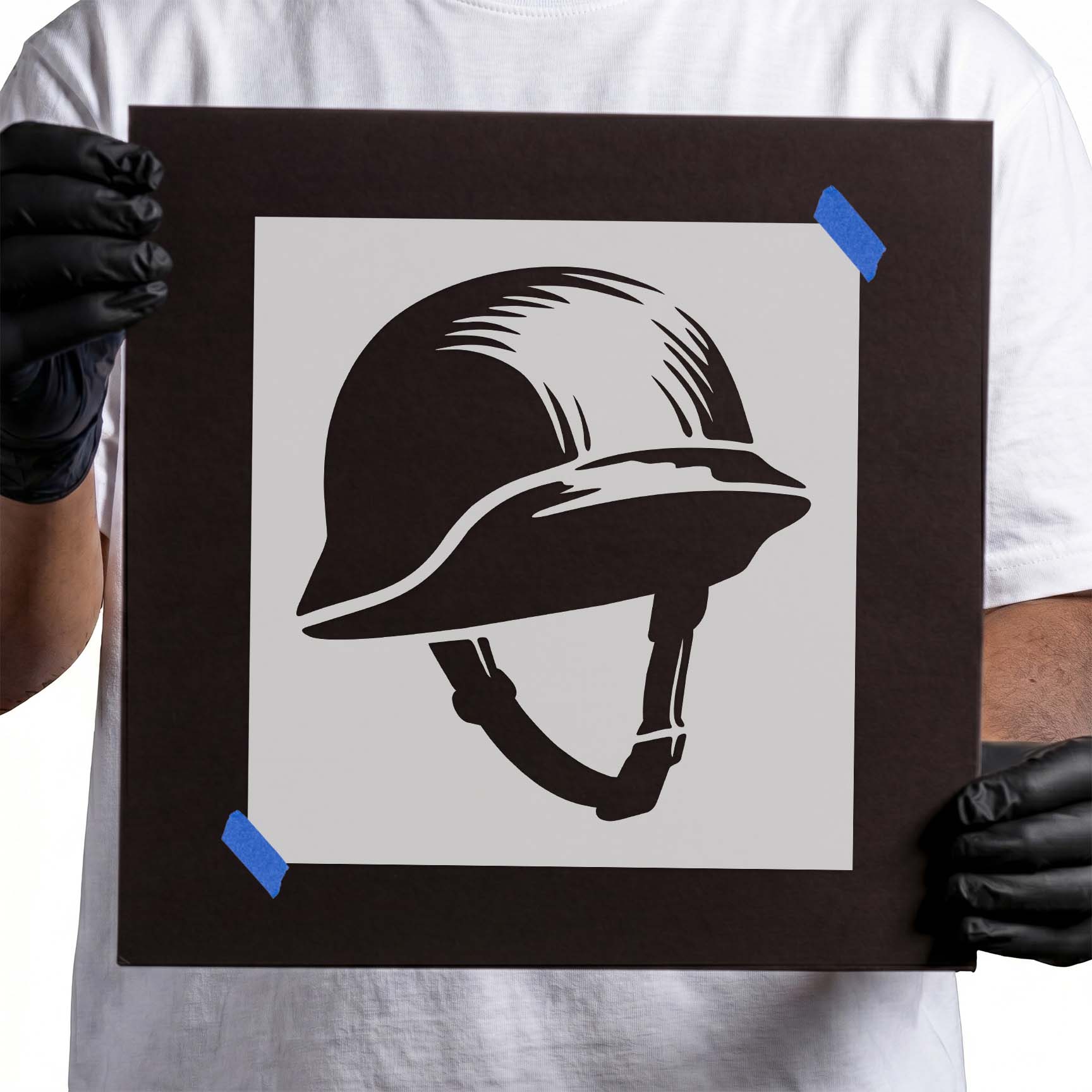 WWII Style Helmet Stencil featuring a classic military combat helmet with chin strap.