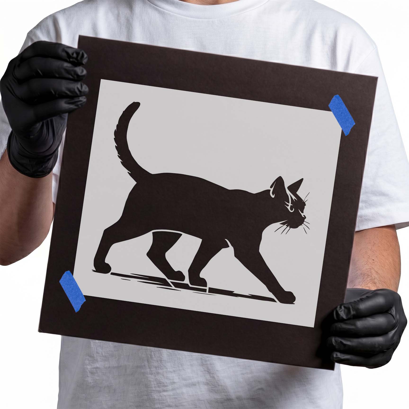Walking cat silhouette with raised tail stencil design