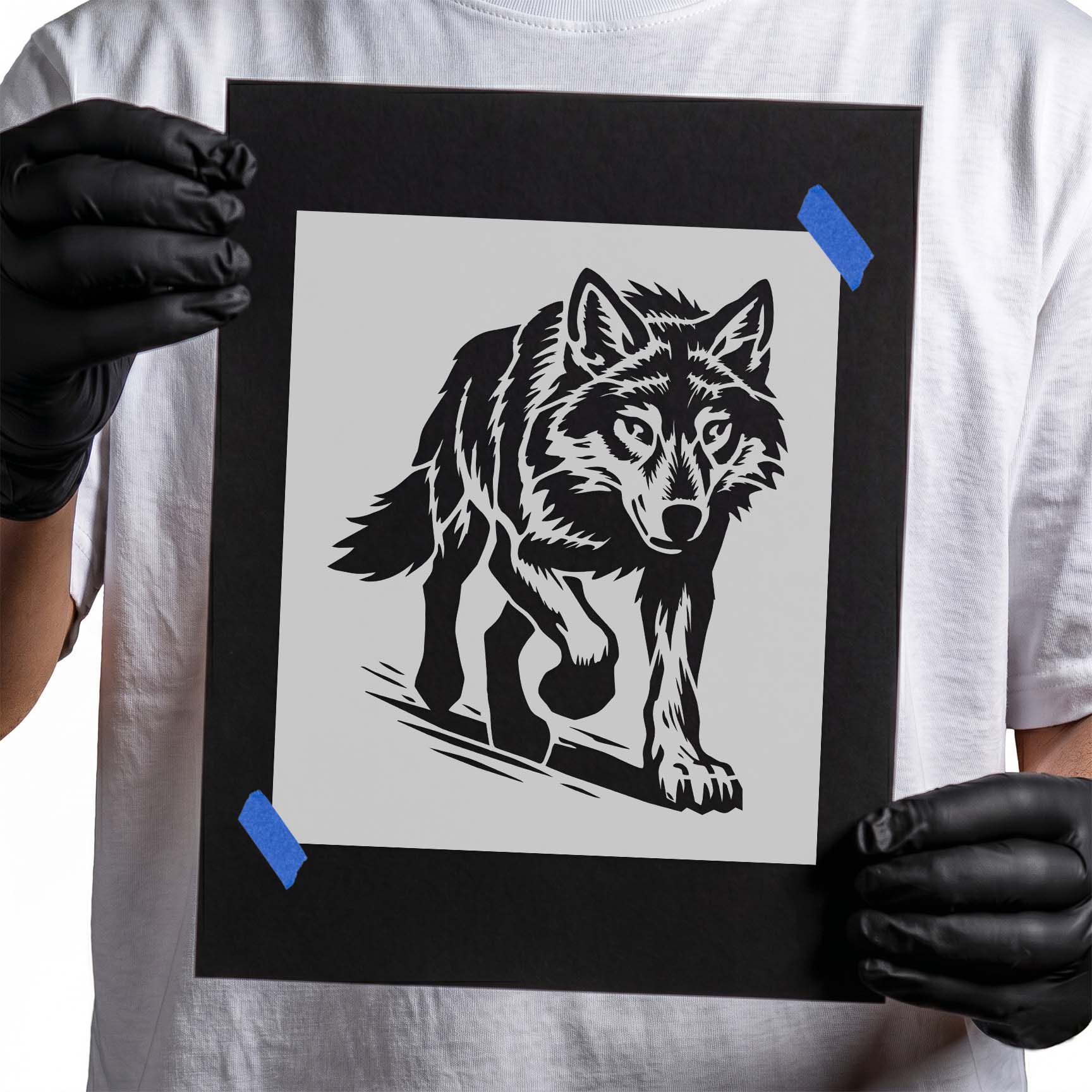 Detailed walking wolf with alert expression stencil