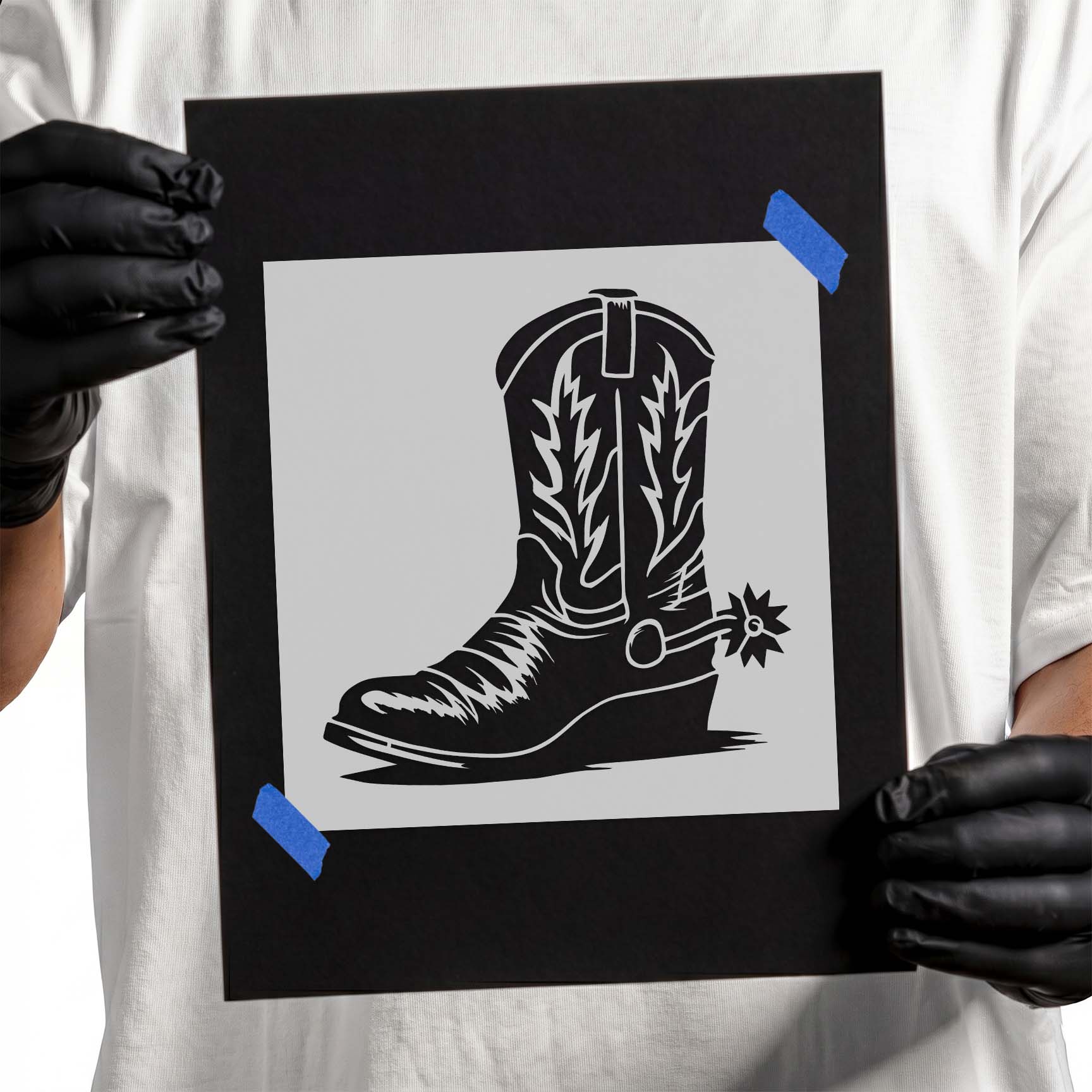 Western cowboy boot stencil featuring decorative stitching and classic spur