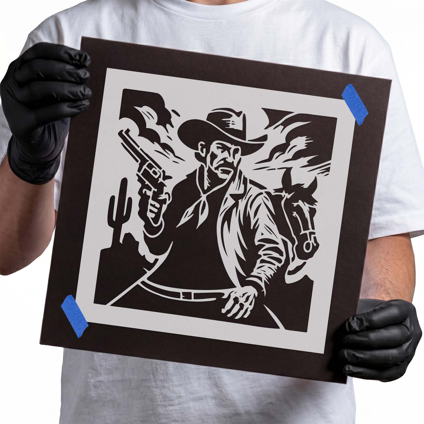 Cowboy gunslinger stencil with revolver, horse, cactus, and desert scene